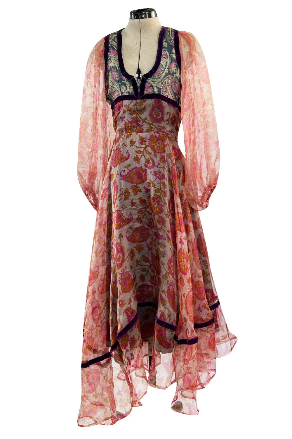 Rare 1968-71 Thea Porter Couture Unlabeled Silk Organza & Brocade Gipsy Dress w Balloon Sleeves