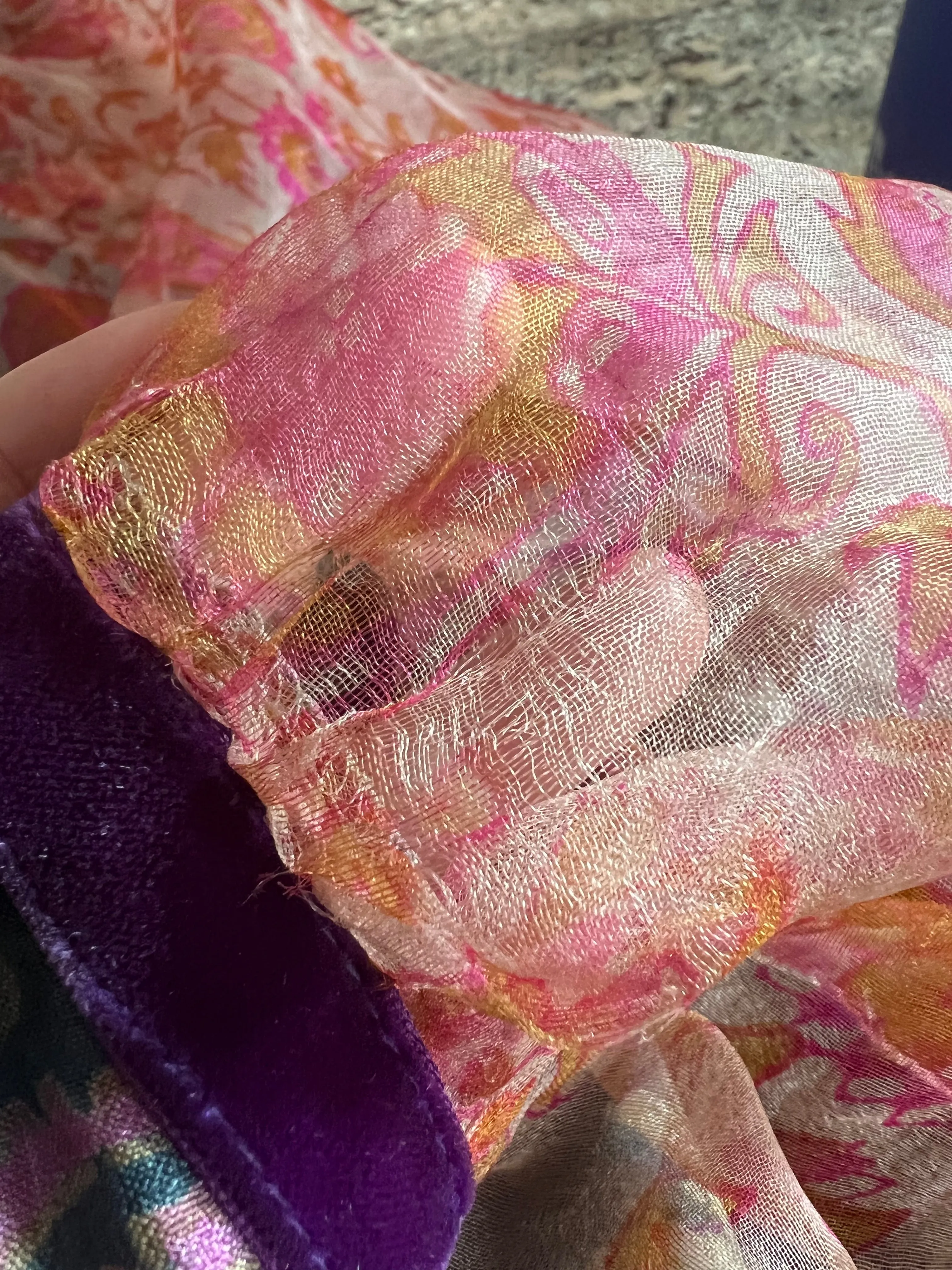 Rare 1968-71 Thea Porter Couture Unlabeled Silk Organza & Brocade Gipsy Dress w Balloon Sleeves
