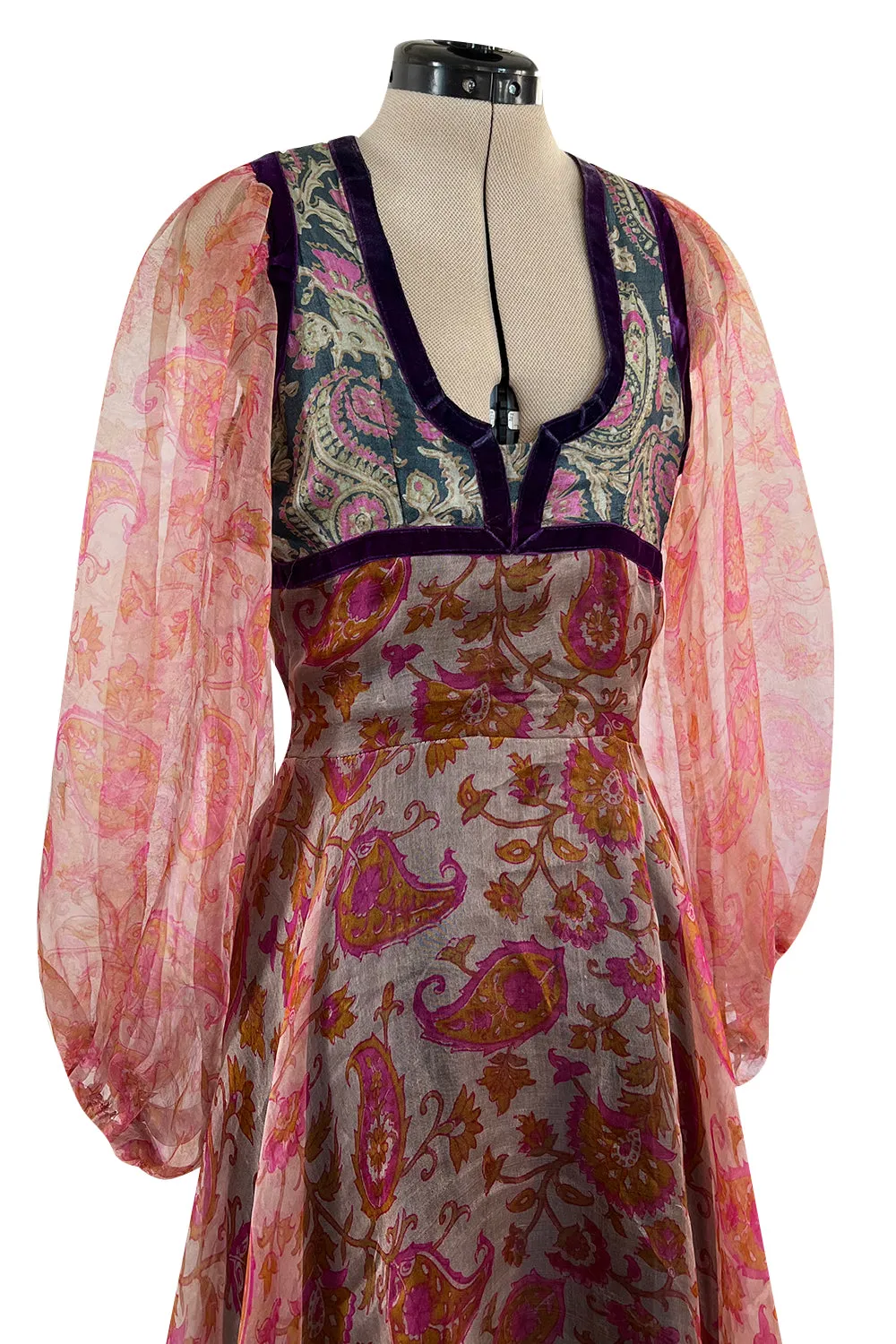 Rare 1968-71 Thea Porter Couture Unlabeled Silk Organza & Brocade Gipsy Dress w Balloon Sleeves