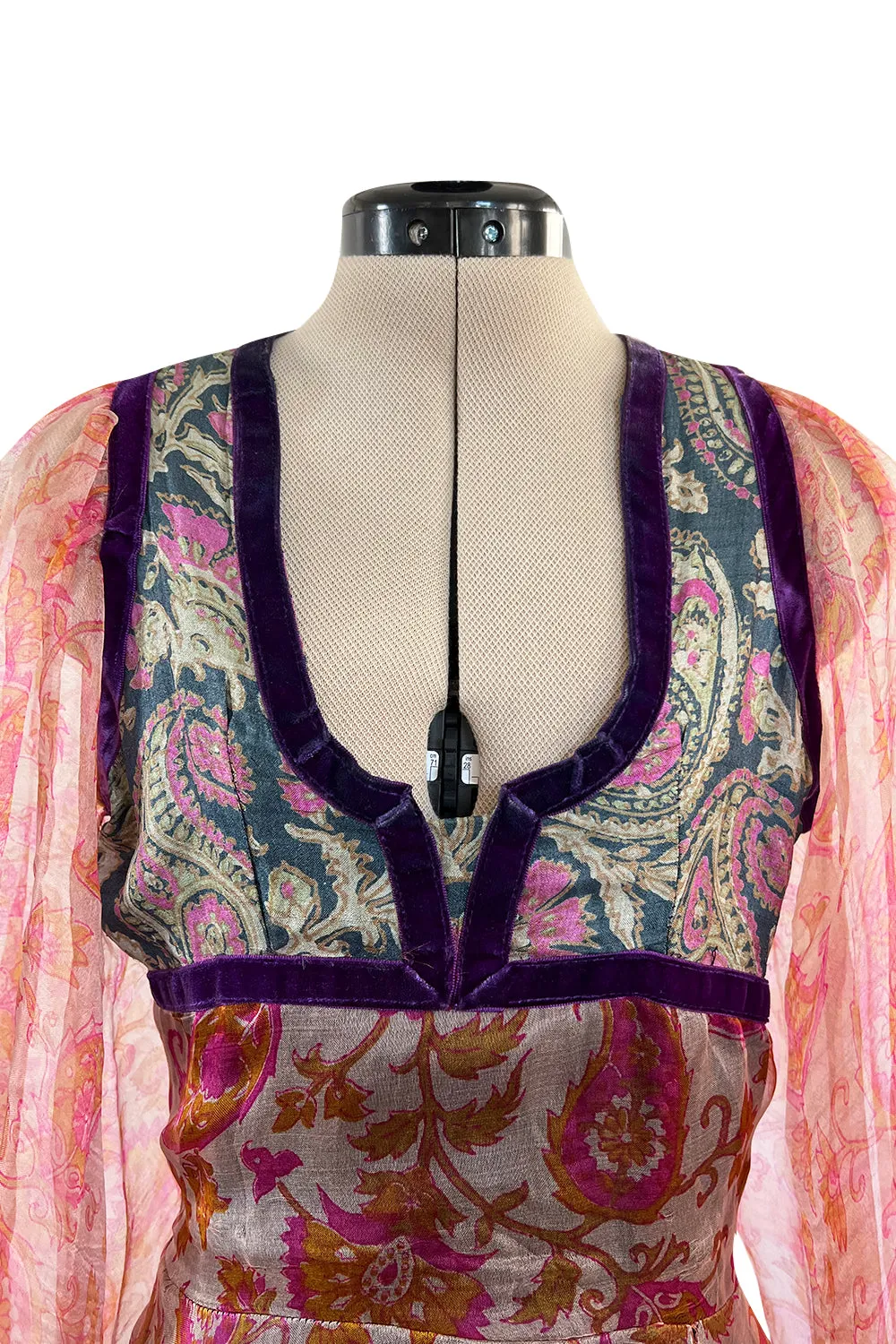 Rare 1968-71 Thea Porter Couture Unlabeled Silk Organza & Brocade Gipsy Dress w Balloon Sleeves