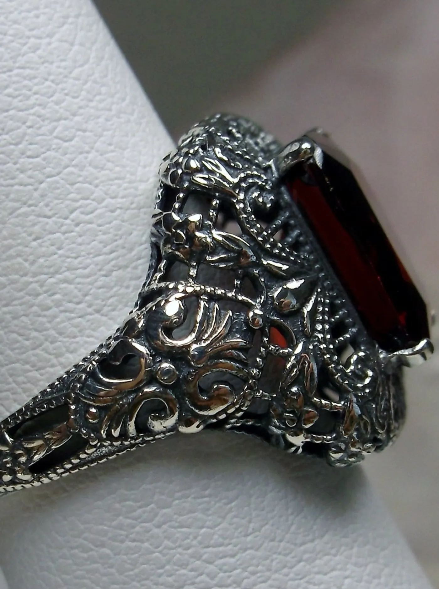 Red Garnet Cubic Zirconia (CZ) Ring, Intricate Victorian Jewelry #D149