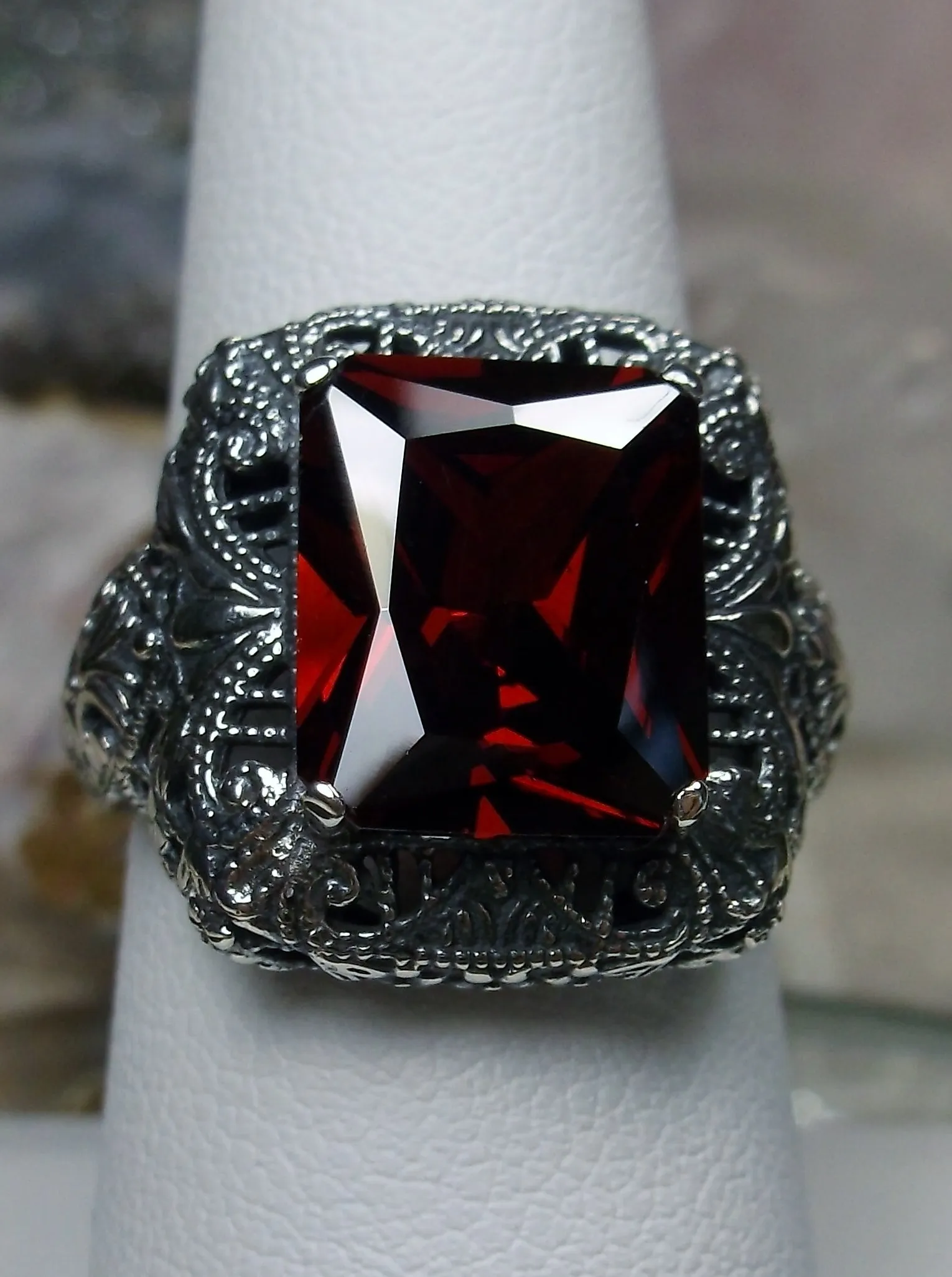 Red Garnet Cubic Zirconia (CZ) Ring, Intricate Victorian Jewelry #D149