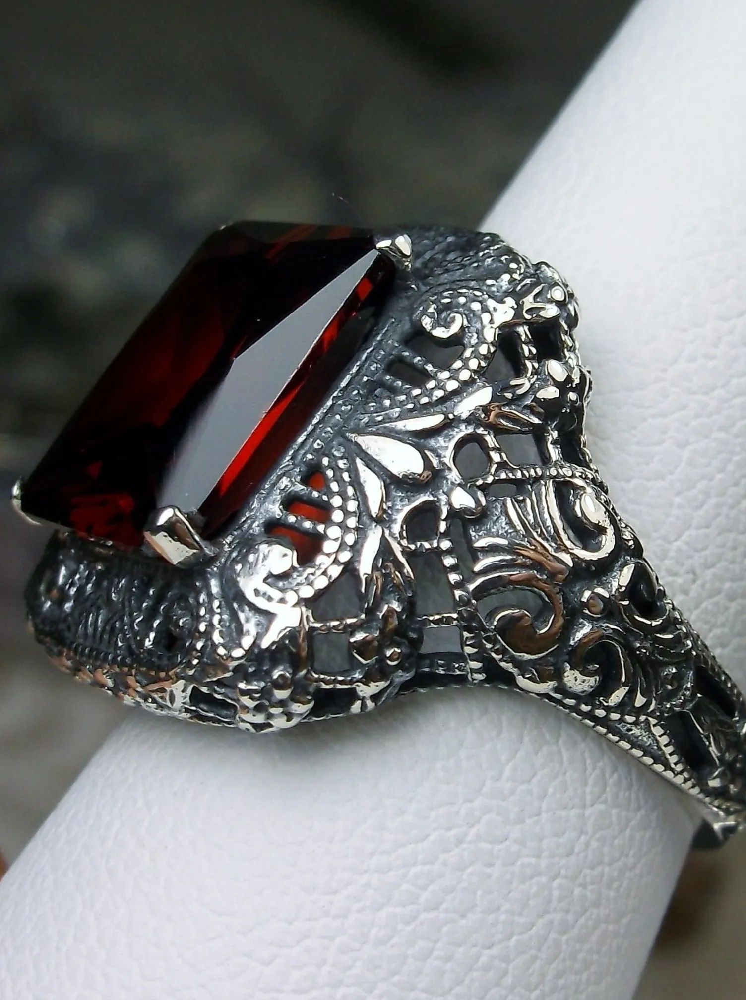 Red Garnet Cubic Zirconia (CZ) Ring, Intricate Victorian Jewelry #D149