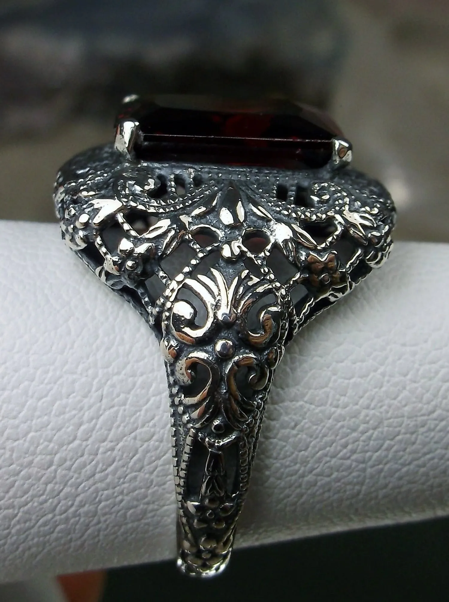 Red Garnet Cubic Zirconia (CZ) Ring, Intricate Victorian Jewelry #D149