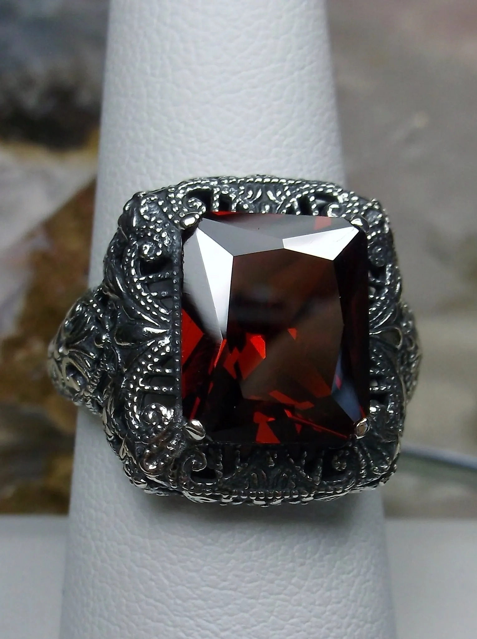 Red Garnet Cubic Zirconia (CZ) Ring, Intricate Victorian Jewelry #D149