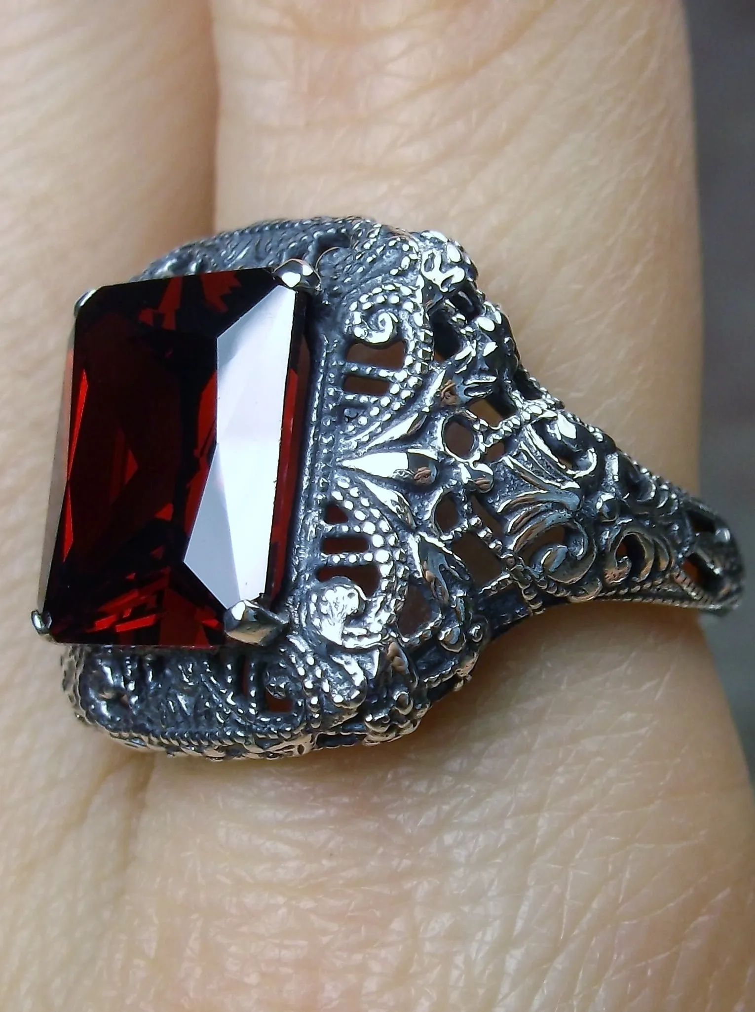 Red Garnet Cubic Zirconia (CZ) Ring, Intricate Victorian Jewelry #D149