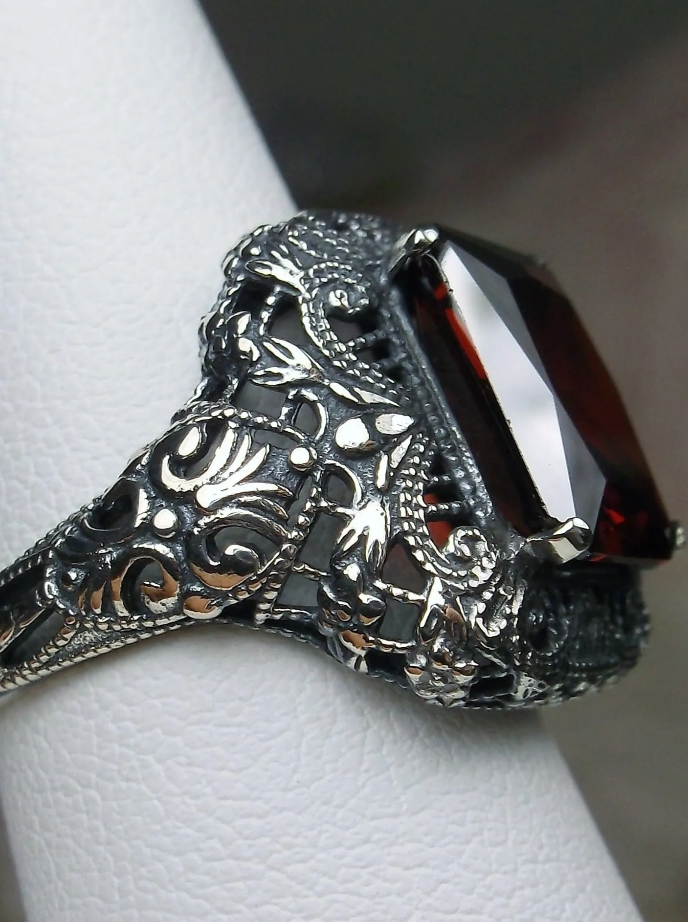 Red Garnet Cubic Zirconia (CZ) Ring, Intricate Victorian Jewelry #D149