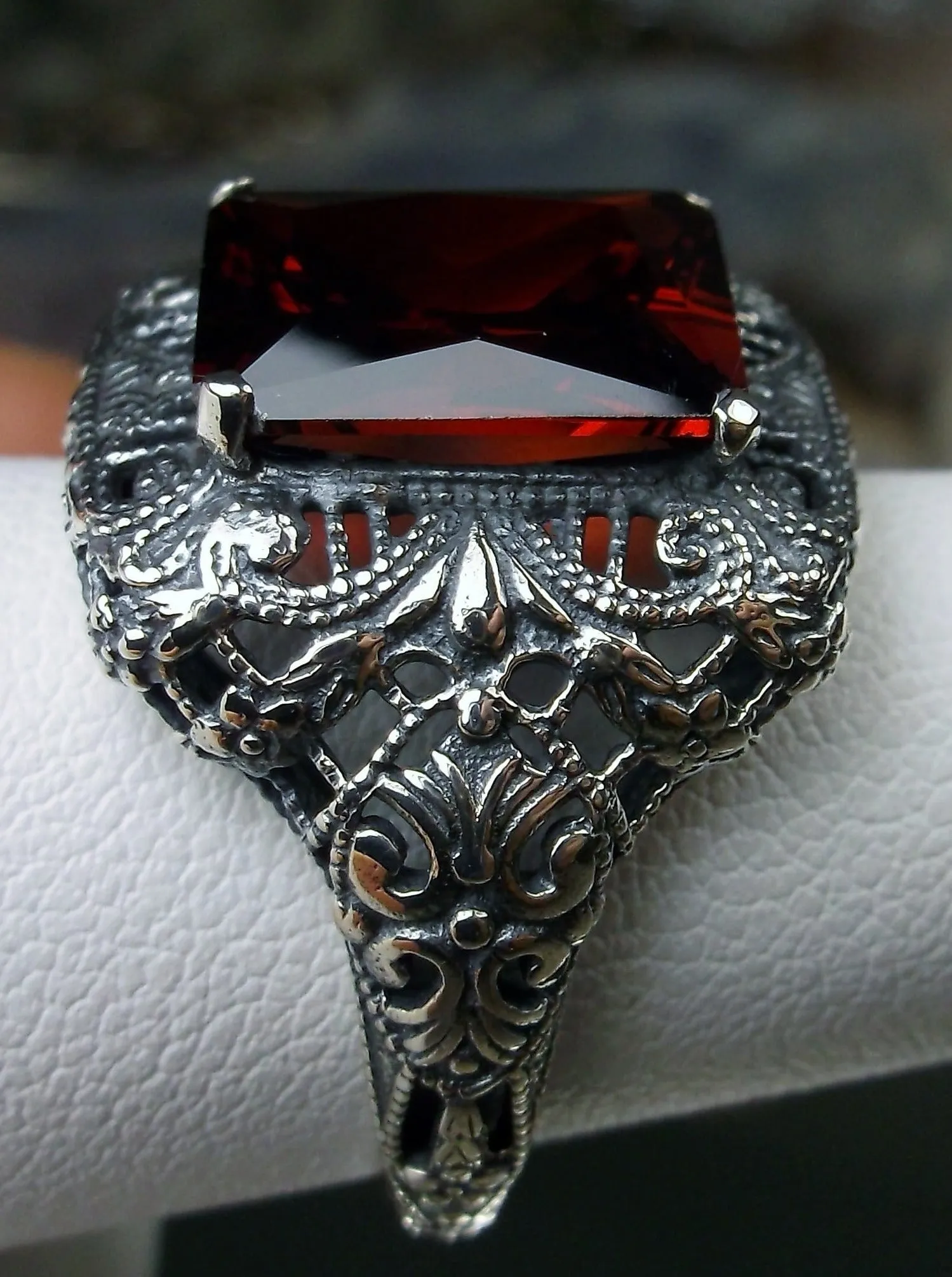 Red Garnet Cubic Zirconia (CZ) Ring, Intricate Victorian Jewelry #D149