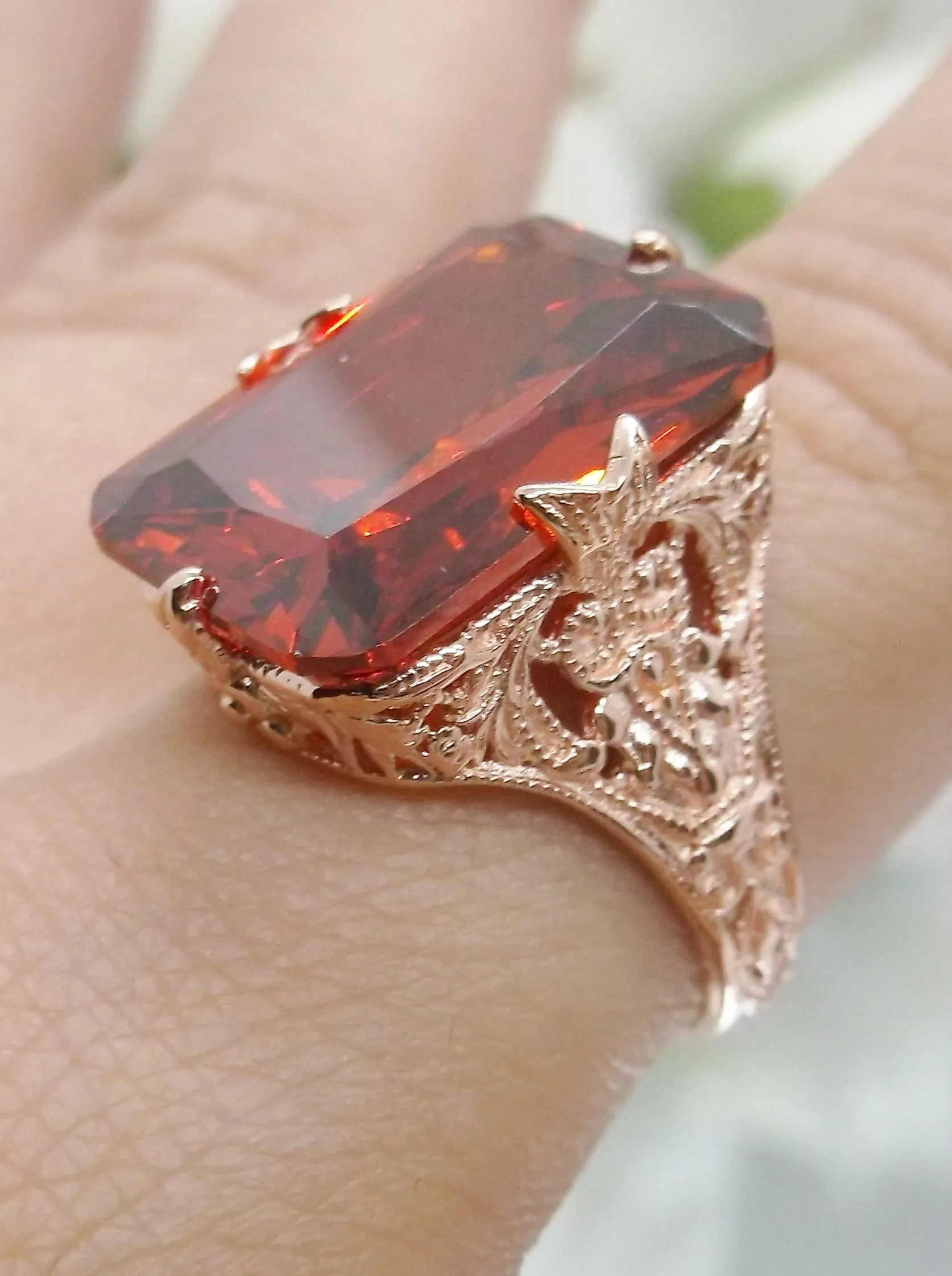 Red Garnet CZ Ring, Rose Gold Vintage Jewelry #D202