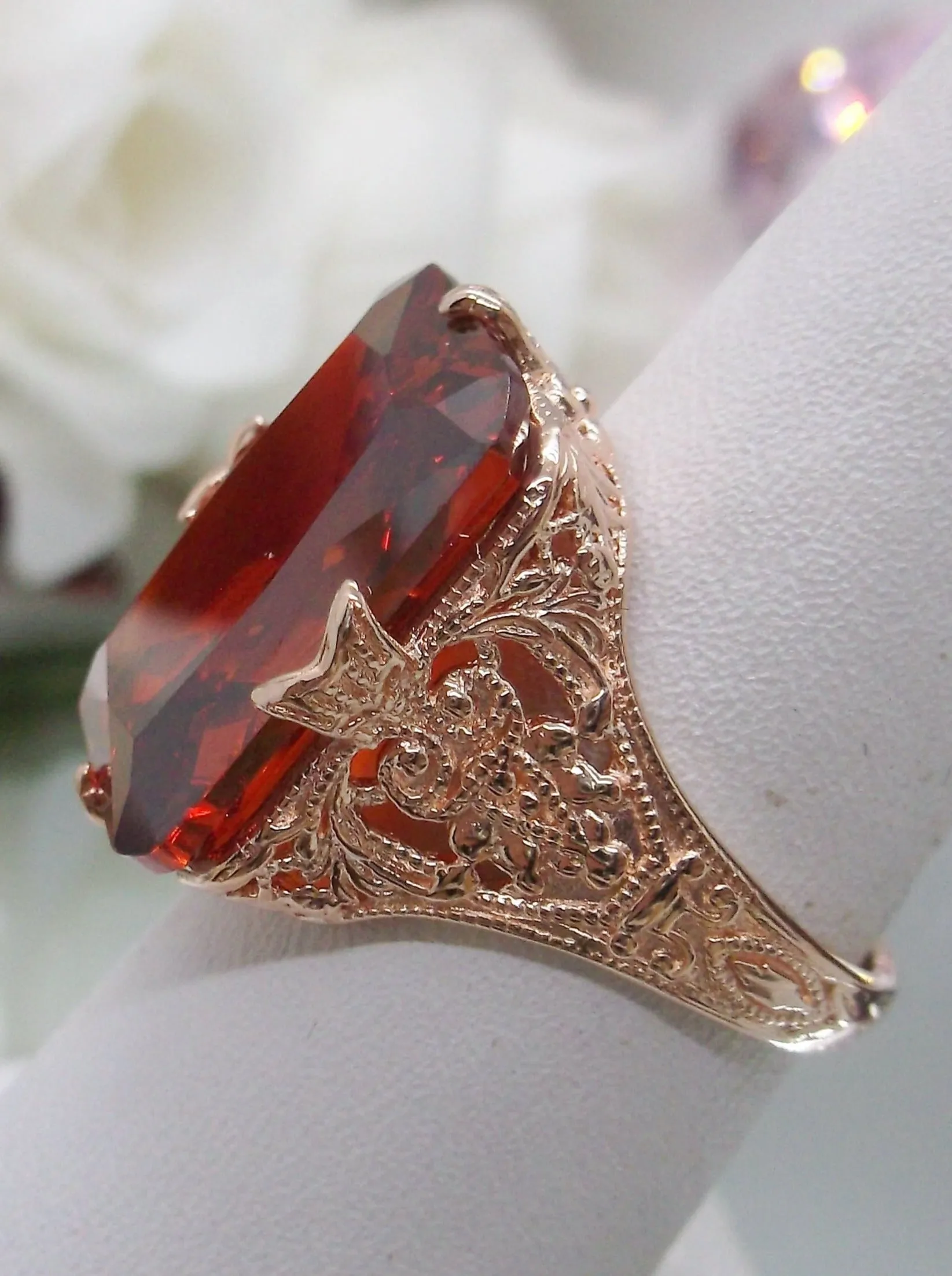 Red Garnet CZ Ring, Rose Gold Vintage Jewelry #D202