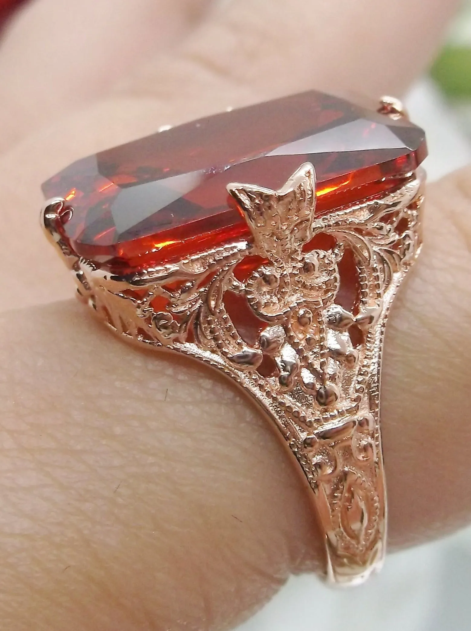 Red Garnet CZ Ring, Rose Gold Vintage Jewelry #D202