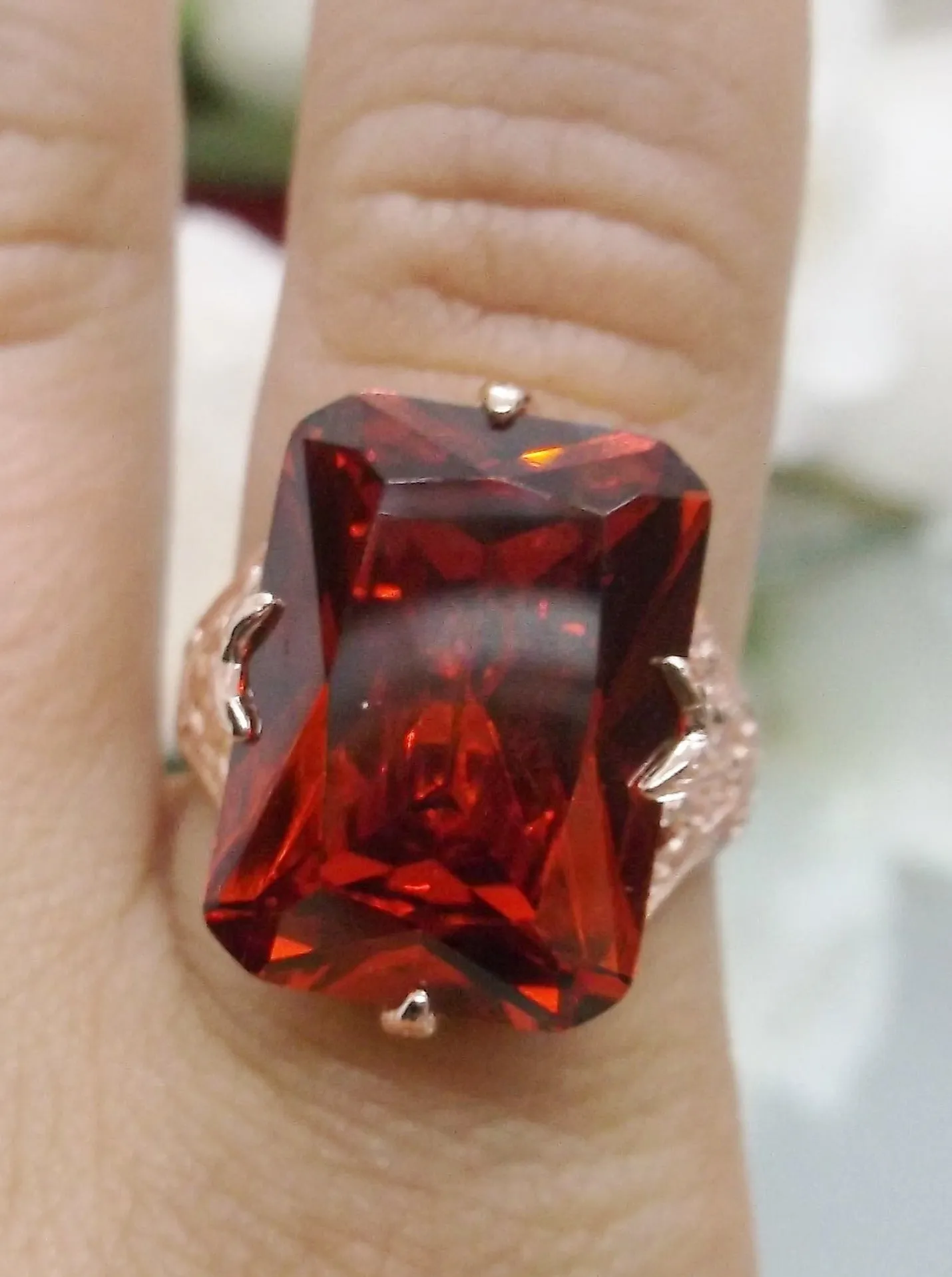 Red Garnet CZ Ring, Rose Gold Vintage Jewelry #D202