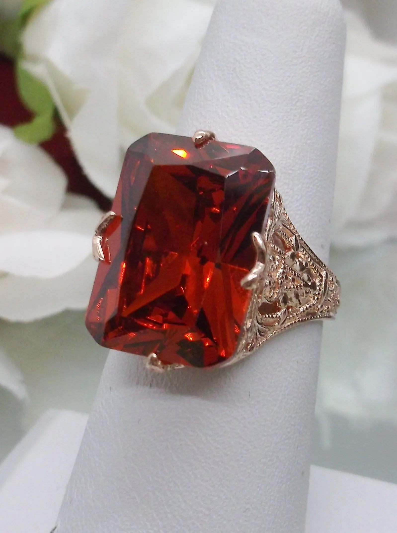 Red Garnet CZ Ring, Rose Gold Vintage Jewelry #D202