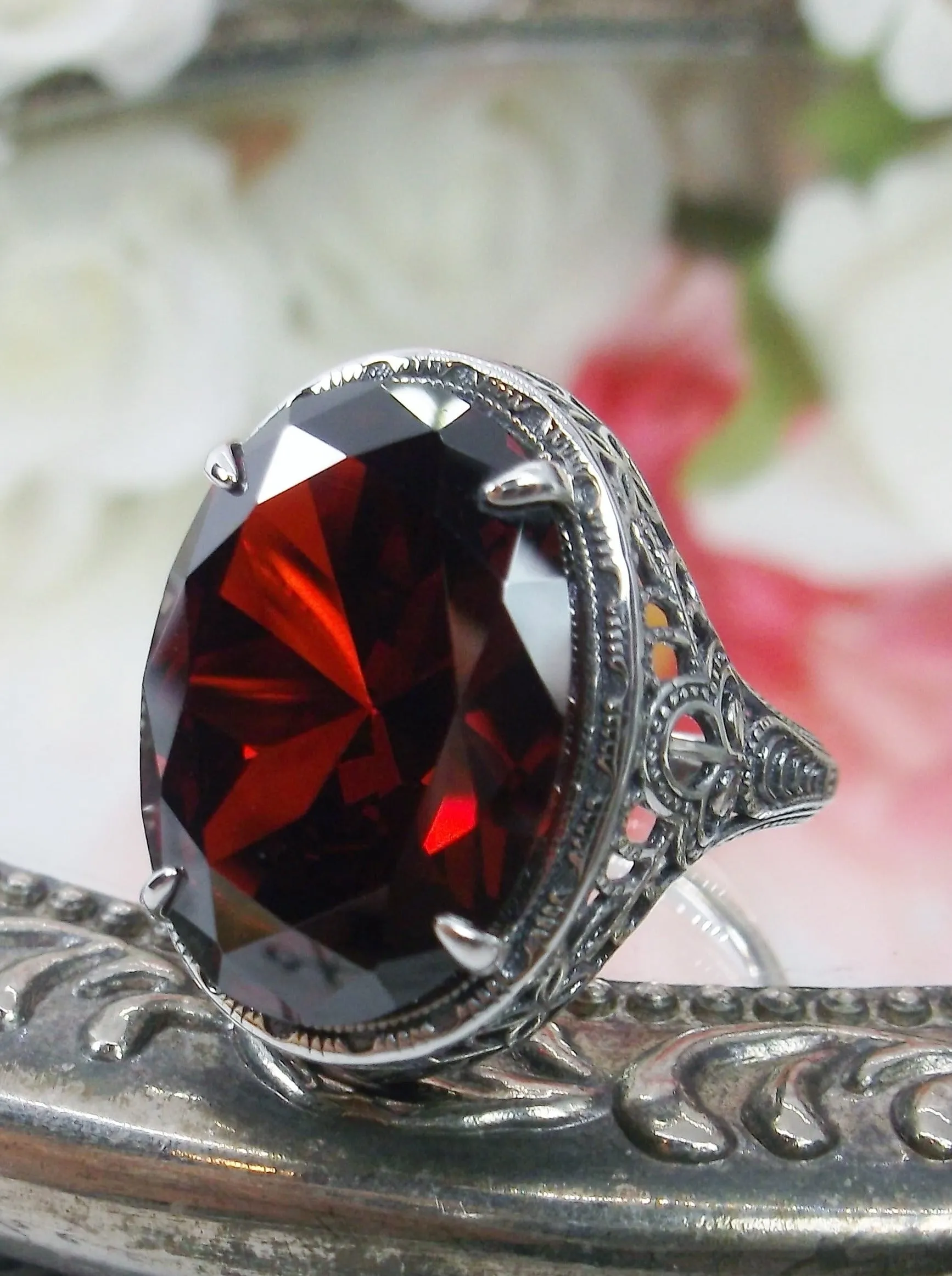 Red Garnet Persian Ring, Natural or CZ, Art Deco Vintage Revival Jewelry #D230