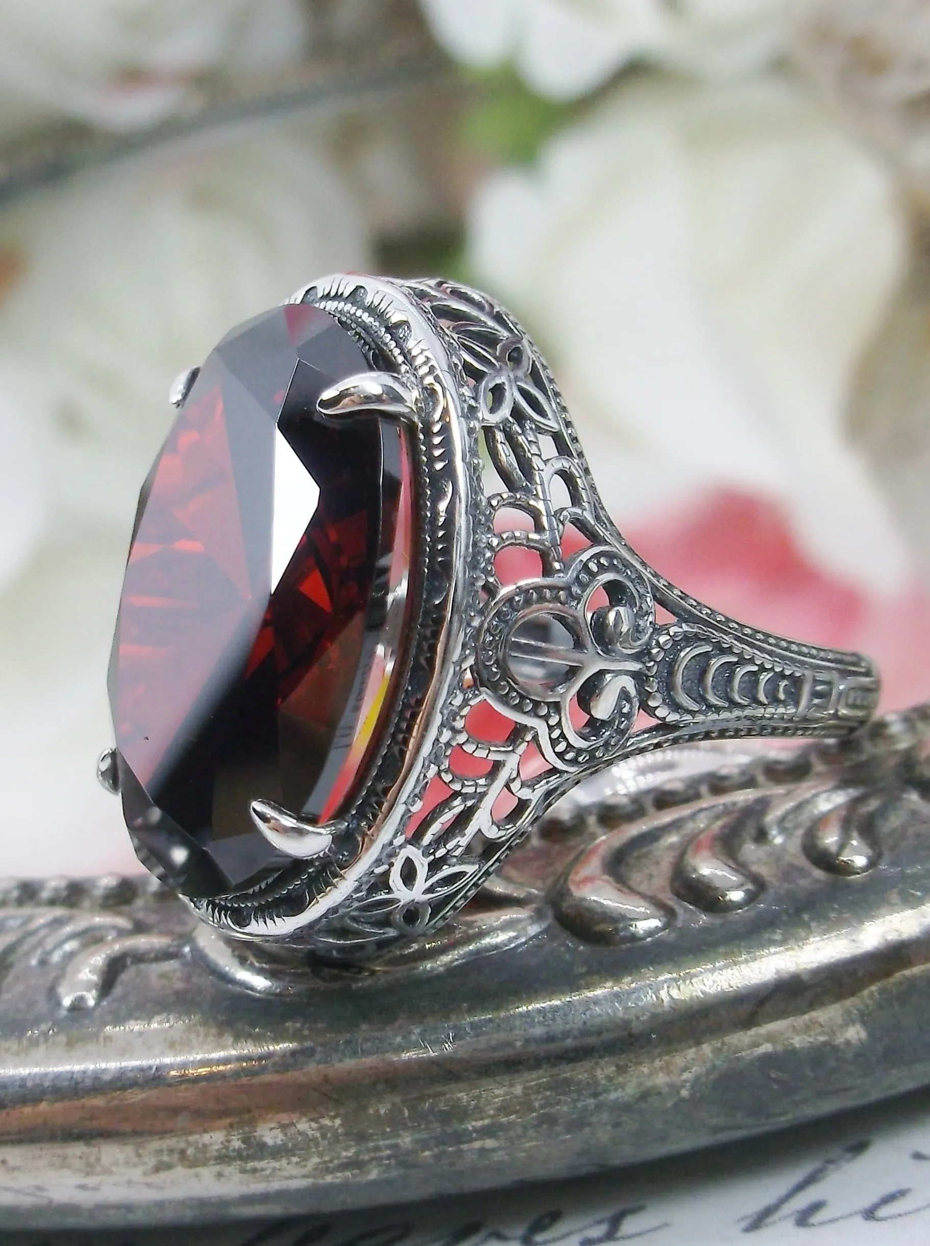 Red Garnet Persian Ring, Natural or CZ, Art Deco Vintage Revival Jewelry #D230