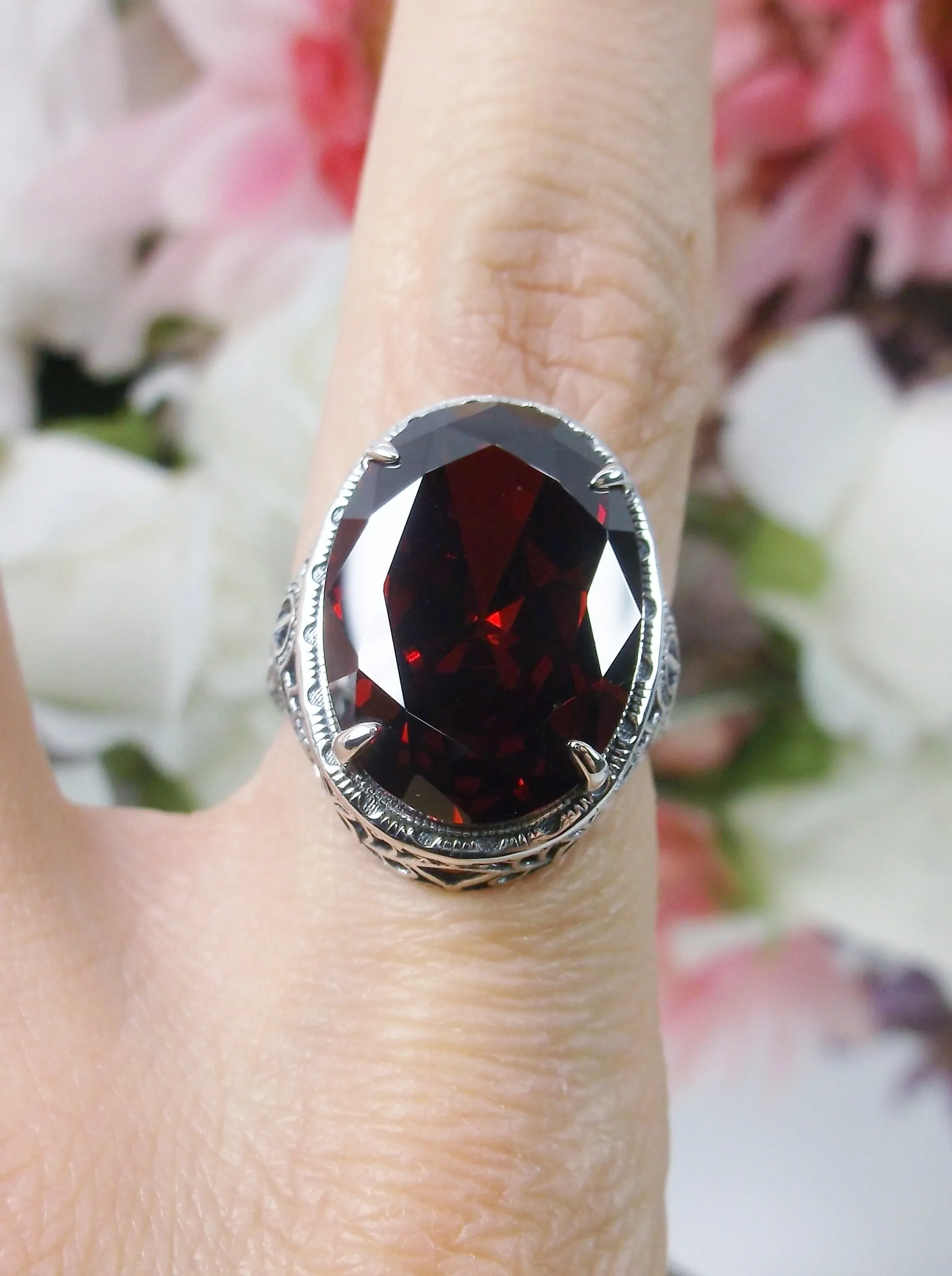 Red Garnet Persian Ring, Natural or CZ, Art Deco Vintage Revival Jewelry #D230