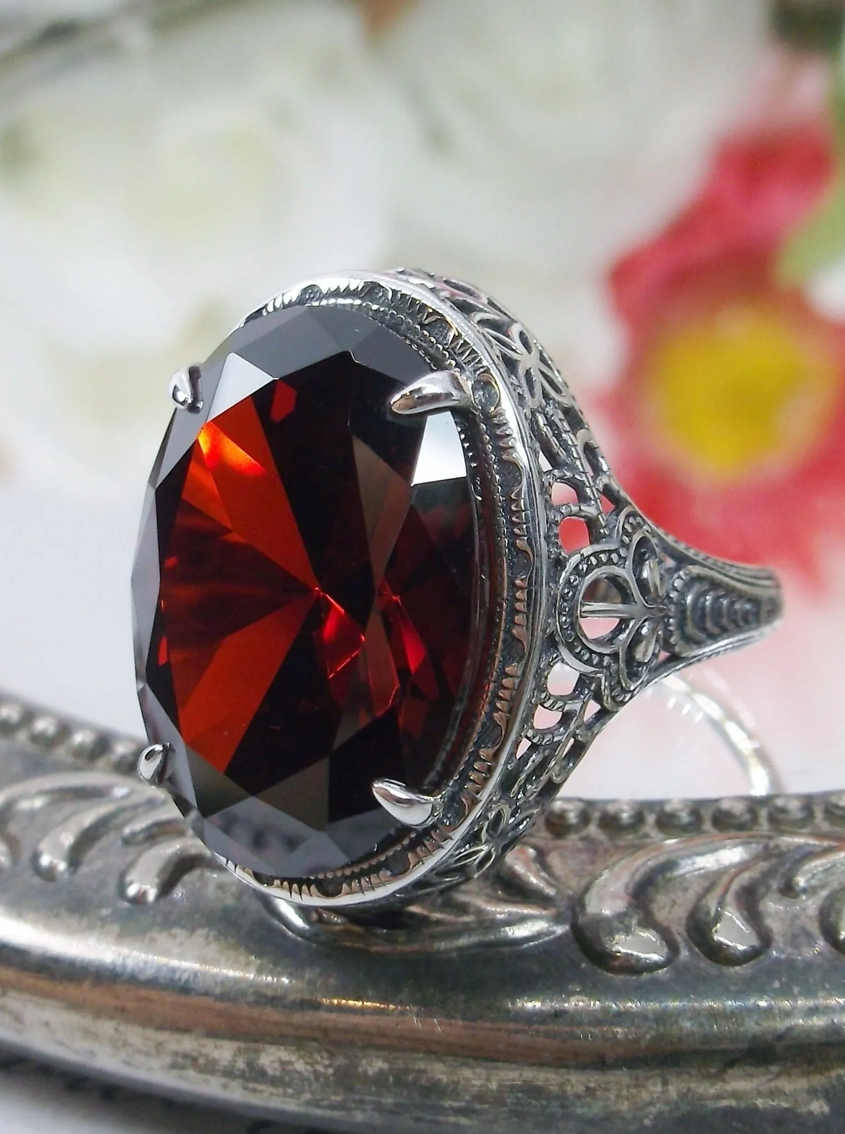 Red Garnet Persian Ring, Natural or CZ, Art Deco Vintage Revival Jewelry #D230