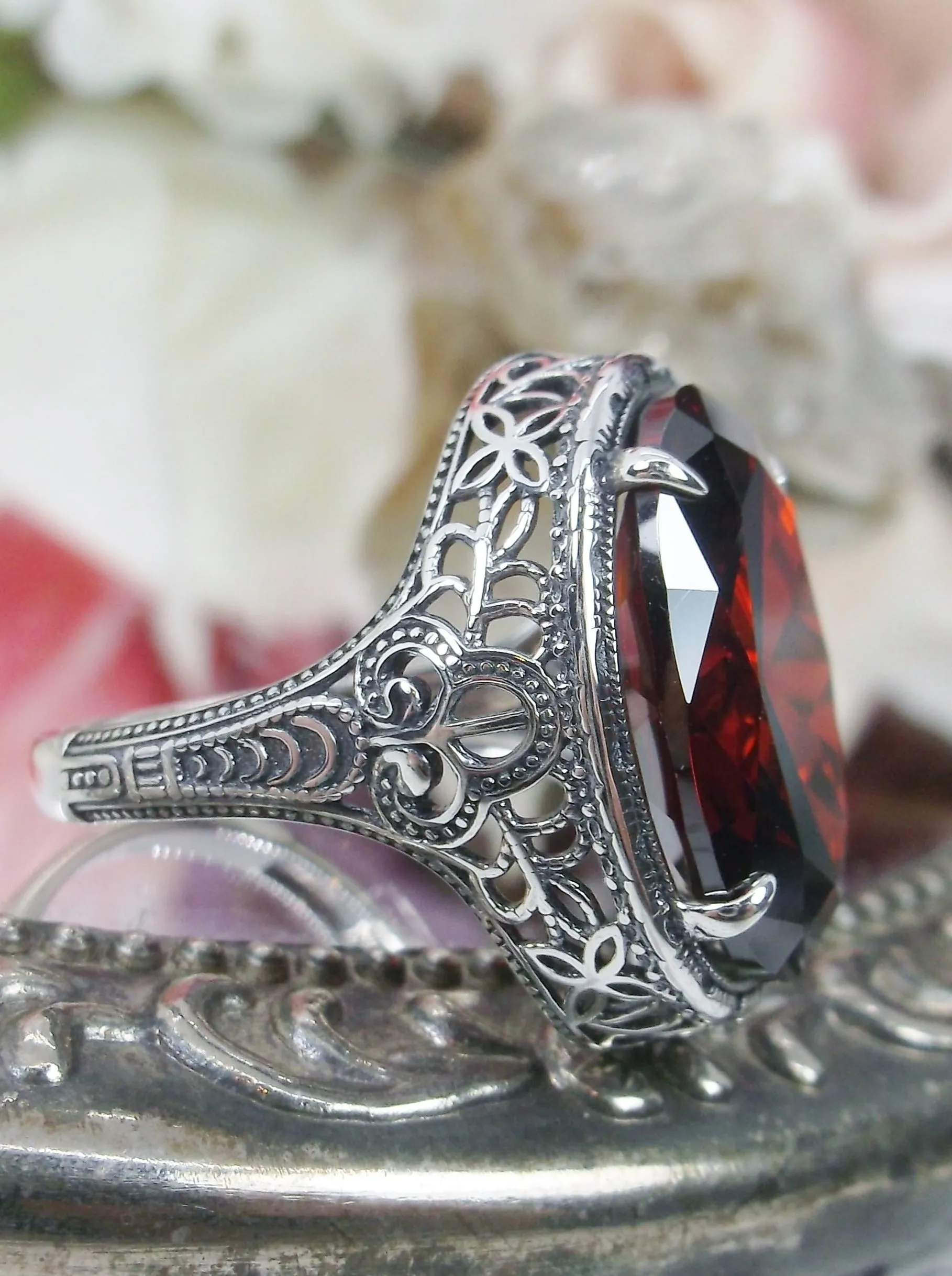 Red Garnet Persian Ring, Natural or CZ, Art Deco Vintage Revival Jewelry #D230