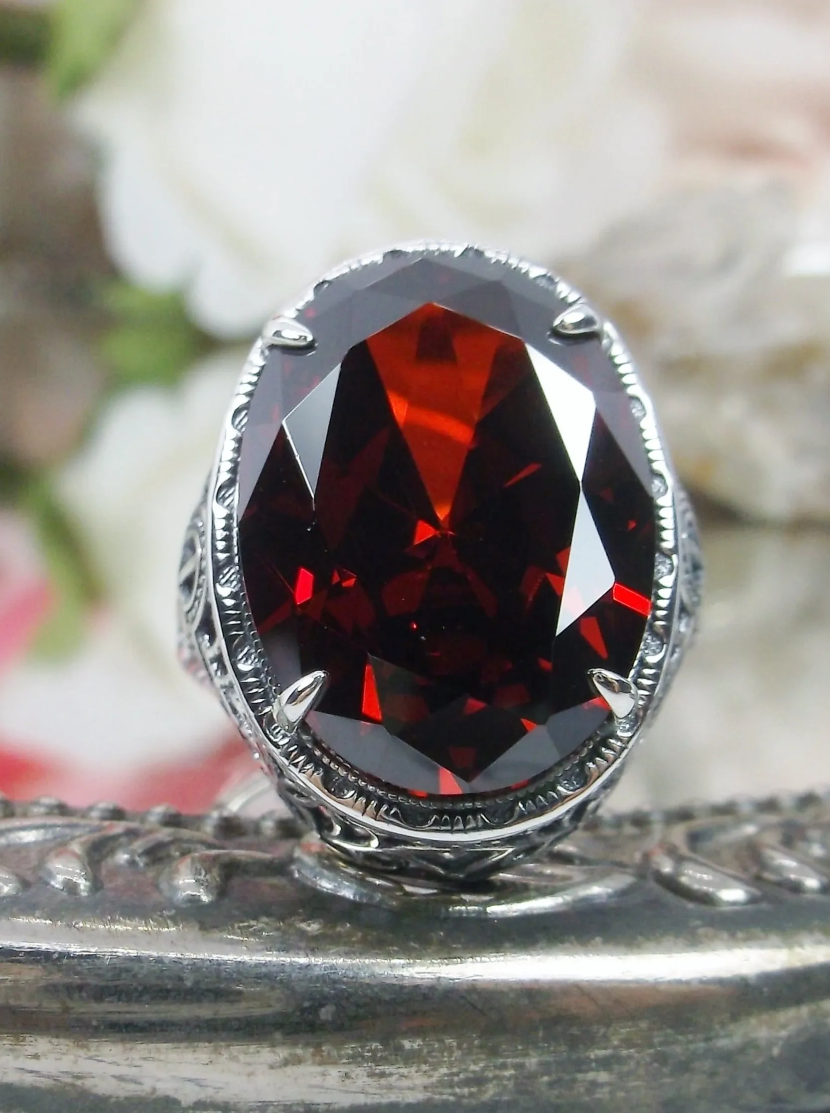 Red Garnet Persian Ring, Natural or CZ, Art Deco Vintage Revival Jewelry #D230