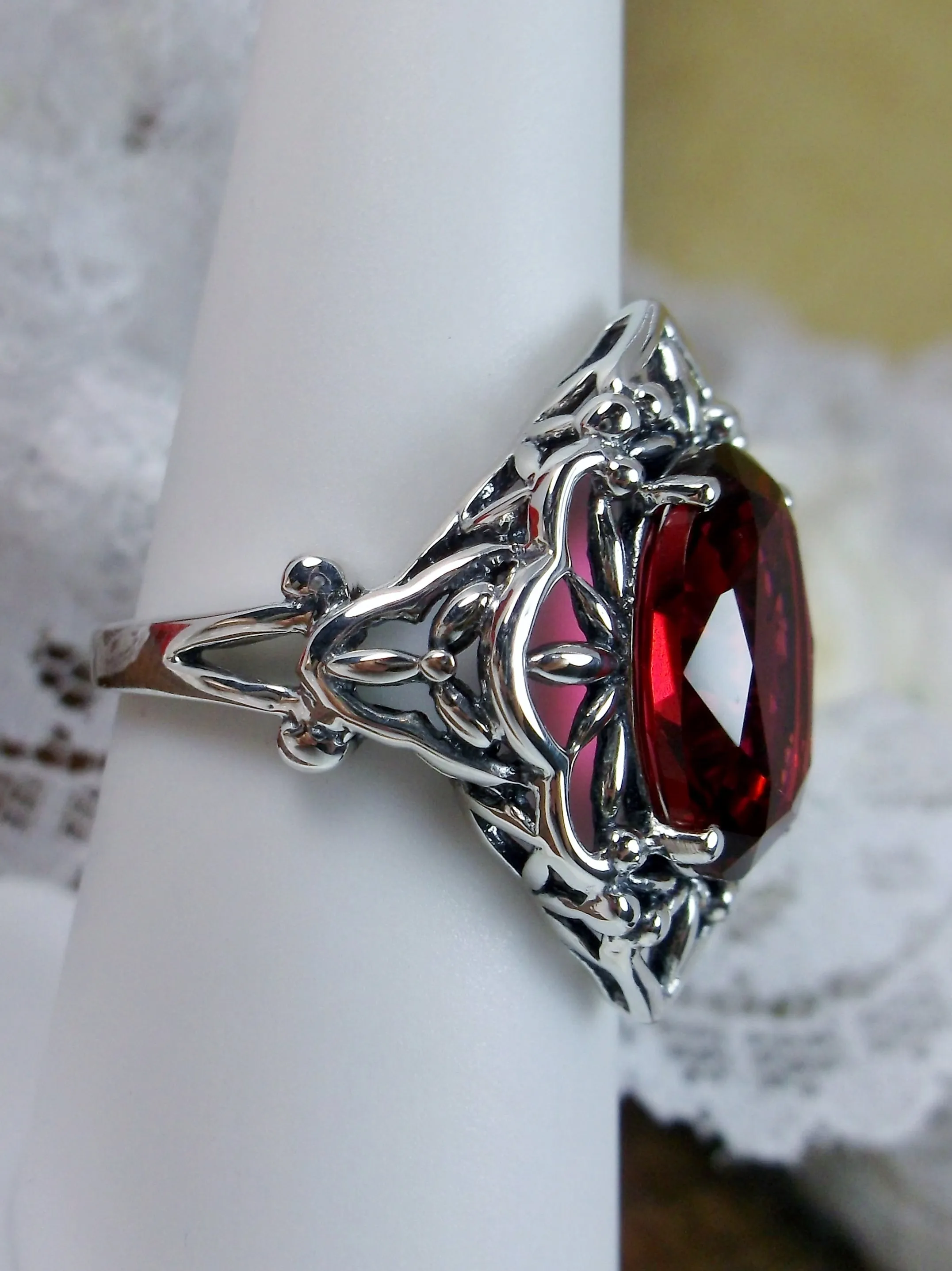 Red Garnet Ring, Natural or Simulated Oval Gem, Gothic Filigree Ring - Vintage Jewelry D98