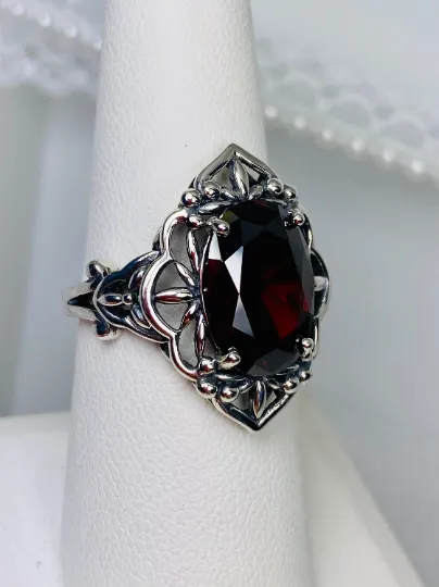 Red Garnet Ring, Natural or Simulated Oval Gem, Gothic Filigree Ring - Vintage Jewelry D98