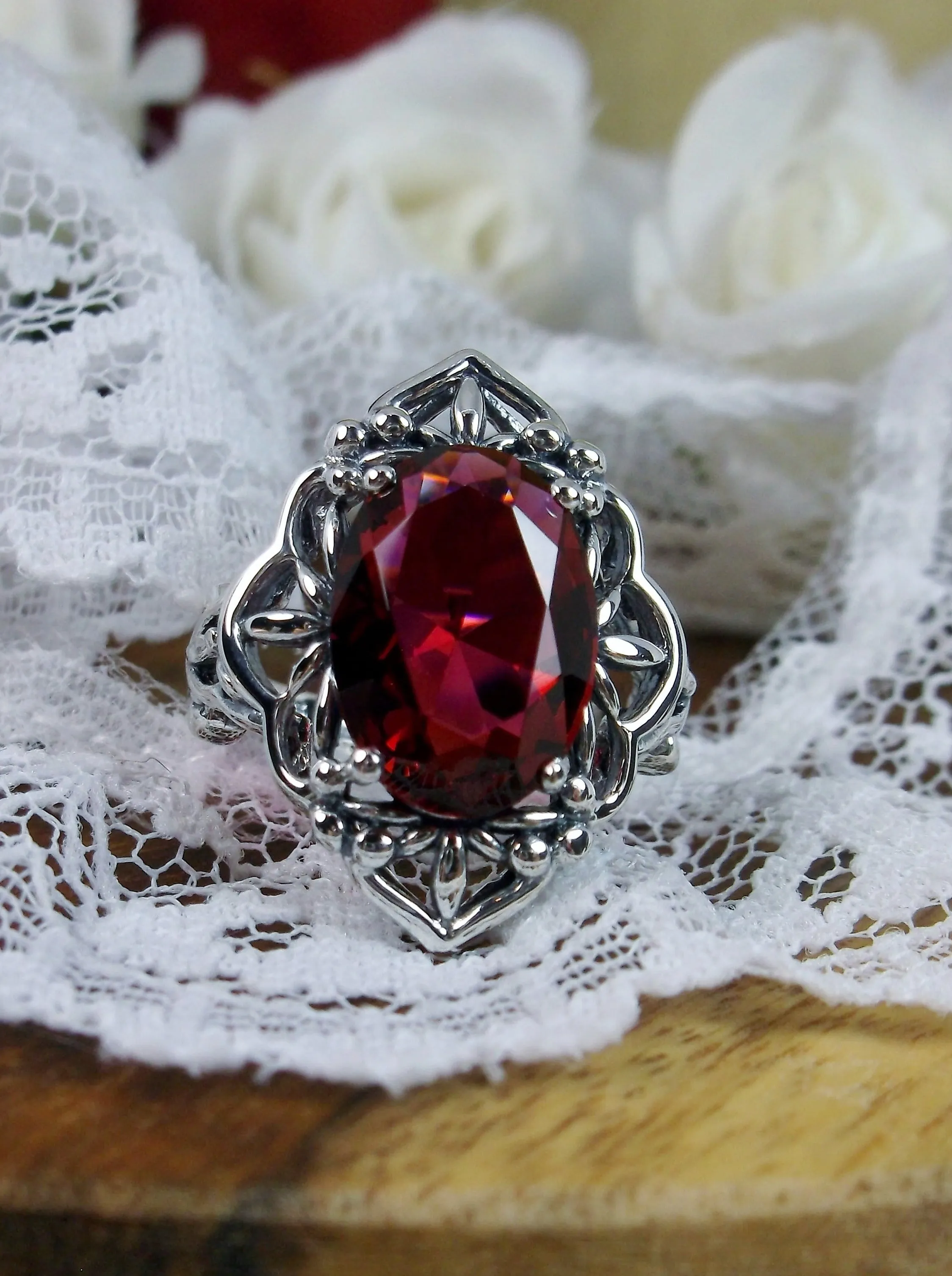 Red Garnet Ring, Natural or Simulated Oval Gem, Gothic Filigree Ring - Vintage Jewelry D98