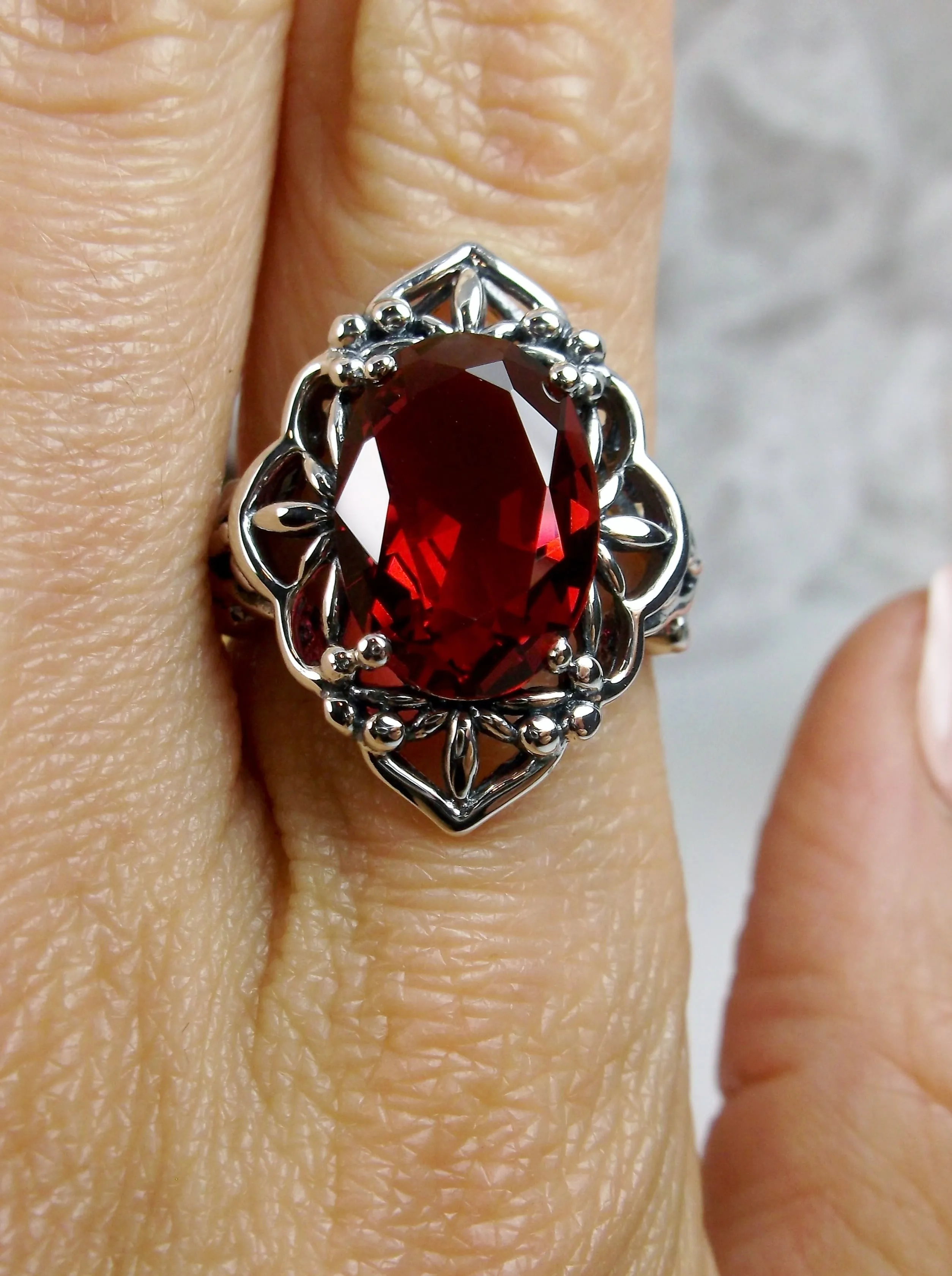 Red Garnet Ring, Natural or Simulated Oval Gem, Gothic Filigree Ring - Vintage Jewelry D98
