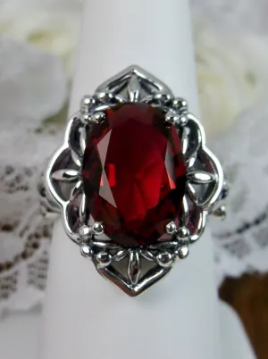 Red Garnet Ring, Natural or Simulated Oval Gem, Gothic Filigree Ring - Vintage Jewelry D98