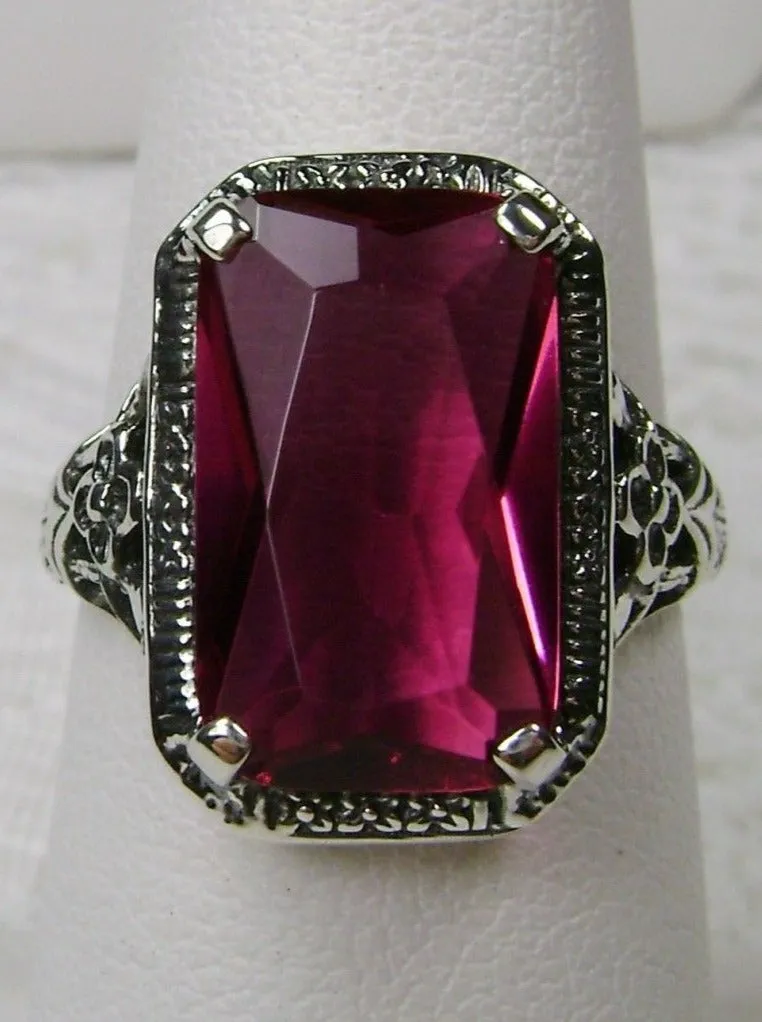 Red Ruby Ring, Cushion Cut Gemstone, Vintage Style Art Nouveau Jewelry, Design#D64