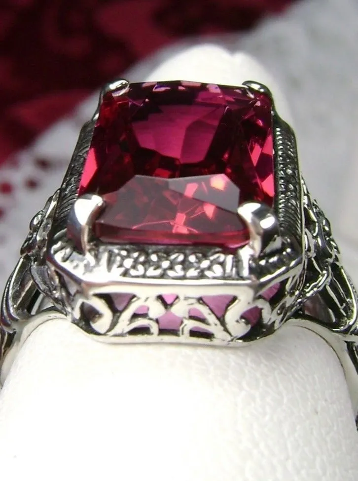 Red Ruby Ring, Cushion Cut Gemstone, Vintage Style Art Nouveau Jewelry, Design#D64