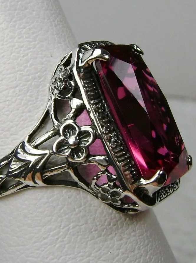 Red Ruby Ring, Cushion Cut Gemstone, Vintage Style Art Nouveau Jewelry, Design#D64