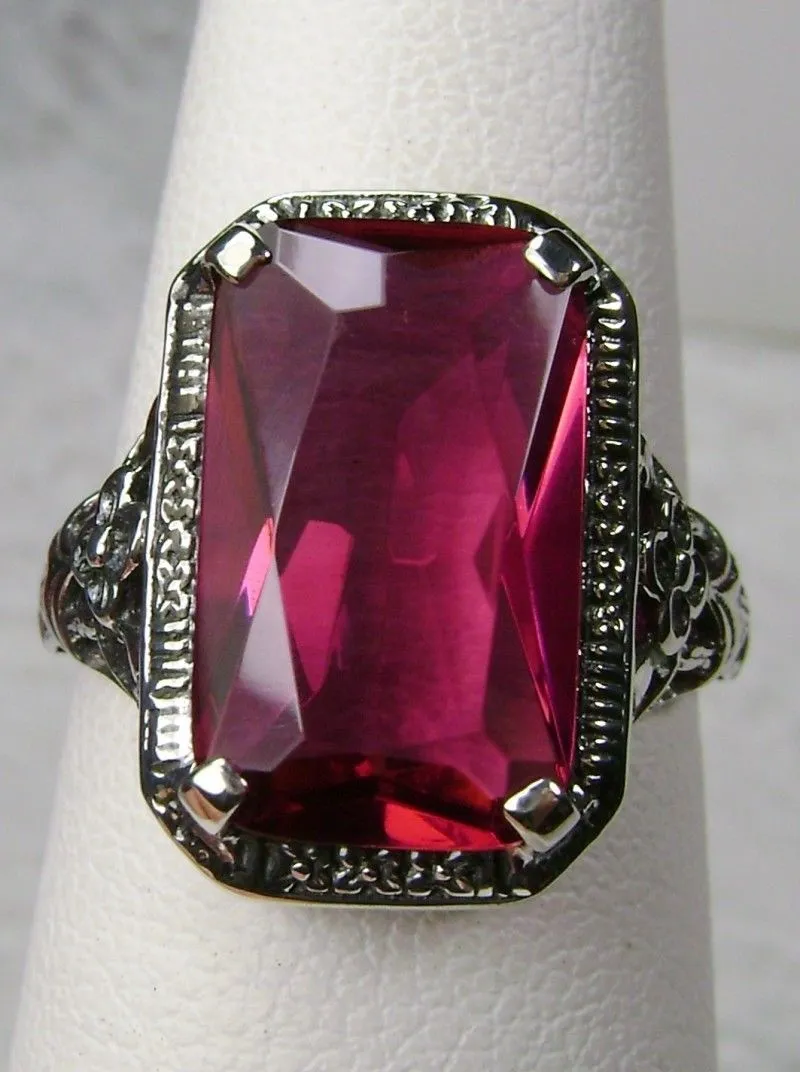 Red Ruby Ring, Cushion Cut Gemstone, Vintage Style Art Nouveau Jewelry, Design#D64