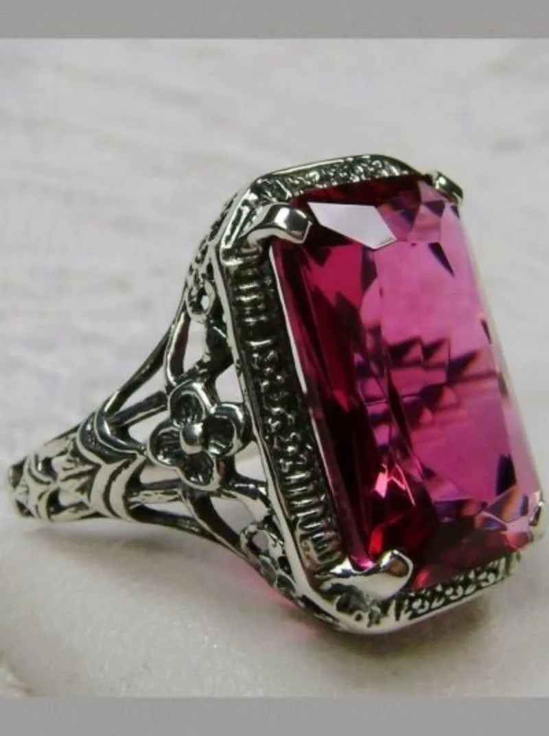 Red Ruby Ring, Cushion Cut Gemstone, Vintage Style Art Nouveau Jewelry, Design#D64