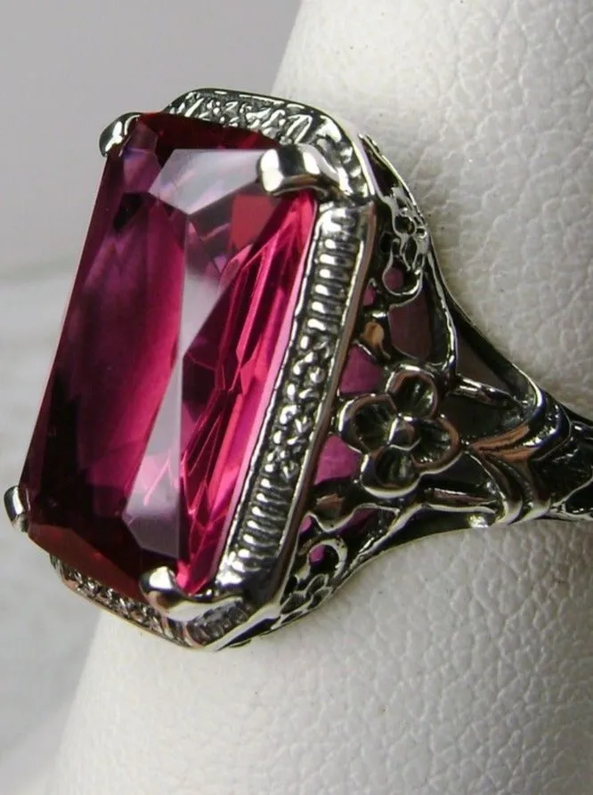 Red Ruby Ring, Cushion Cut Gemstone, Vintage Style Art Nouveau Jewelry, Design#D64