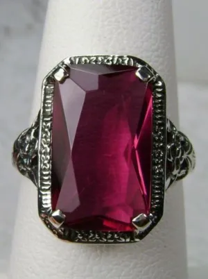 Red Ruby Ring, Cushion Cut Gemstone, Vintage Style Art Nouveau Jewelry, Design#D64