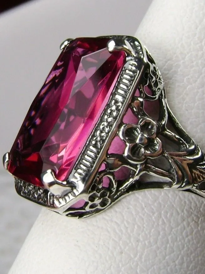 Red Ruby Ring, Cushion Cut Gemstone, Vintage Style Art Nouveau Jewelry, Design#D64