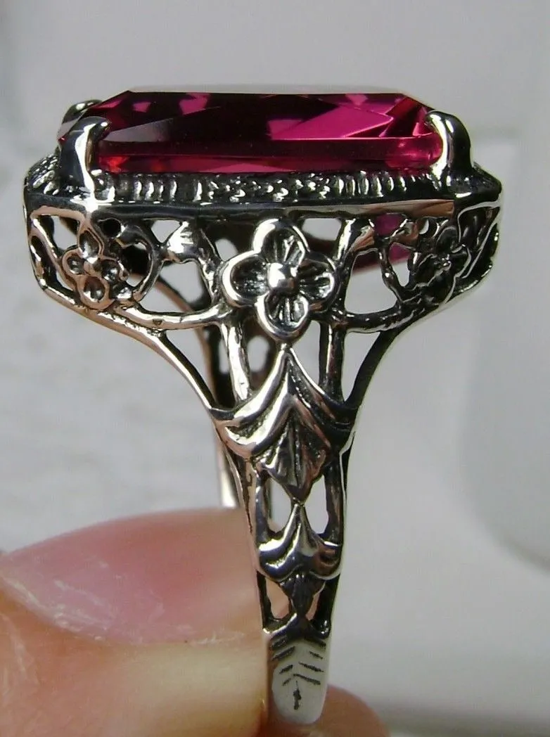 Red Ruby Ring, Cushion Cut Gemstone, Vintage Style Art Nouveau Jewelry, Design#D64