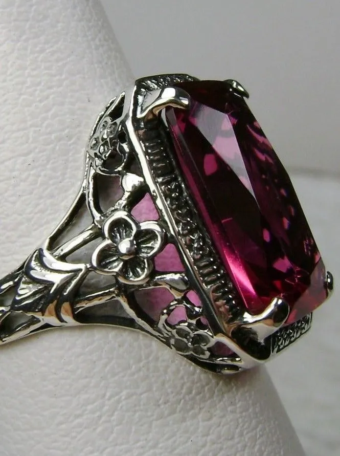 Red Ruby Ring, Cushion Cut Gemstone, Vintage Style Art Nouveau Jewelry, Design#D64