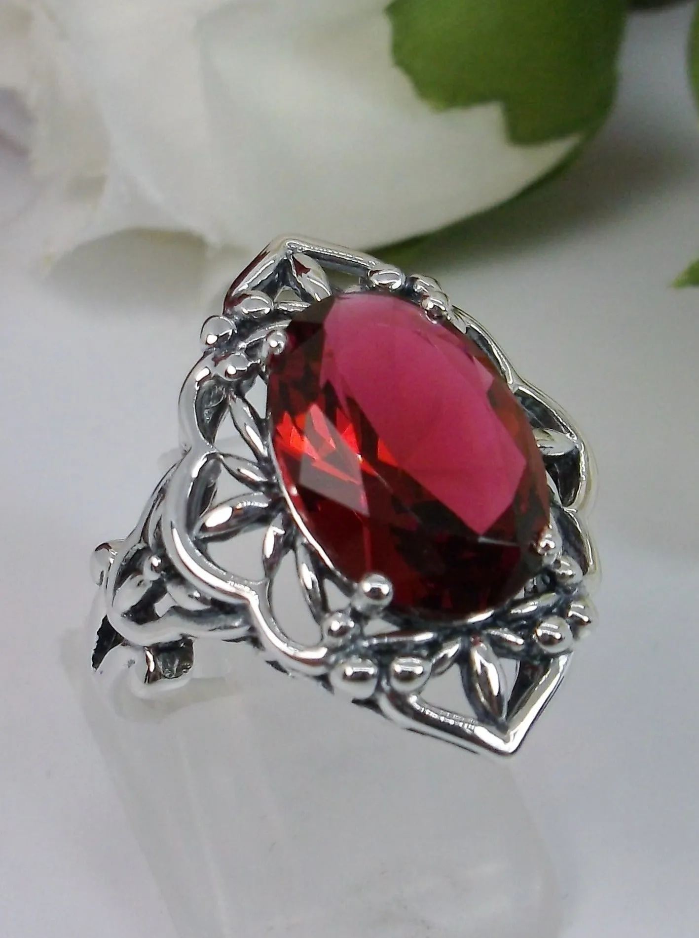 Red Ruby Ring, Gothic Filigree Ring - Vintage Style Ring D98