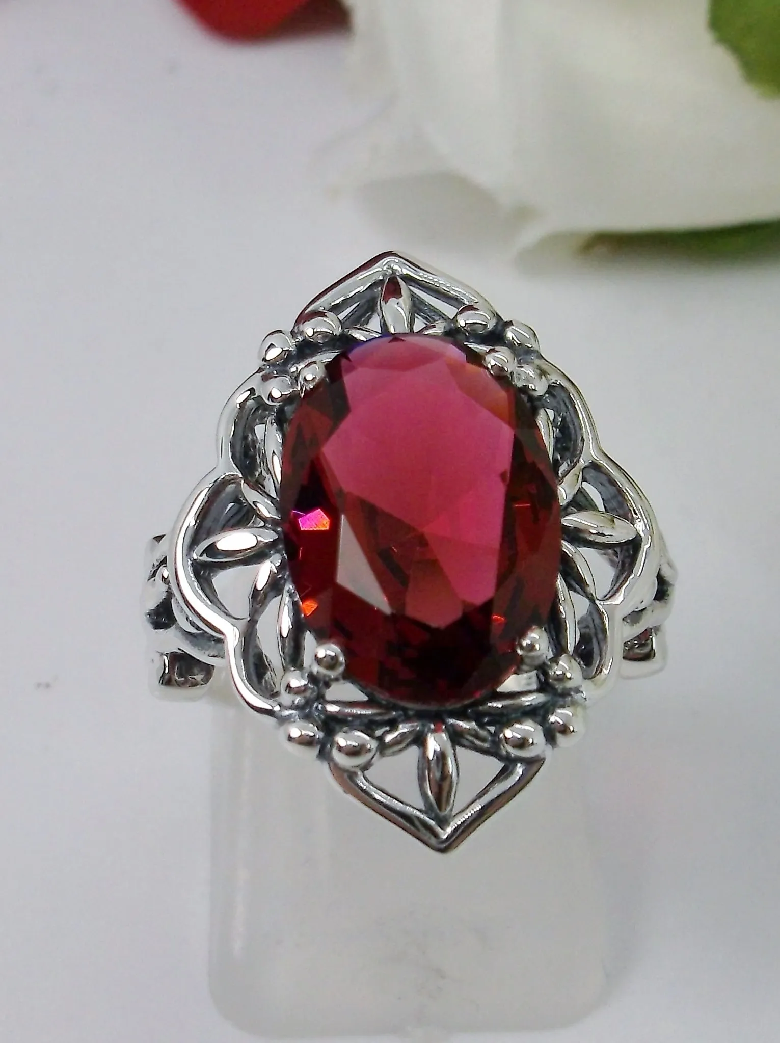 Red Ruby Ring, Gothic Filigree Ring - Vintage Style Ring D98
