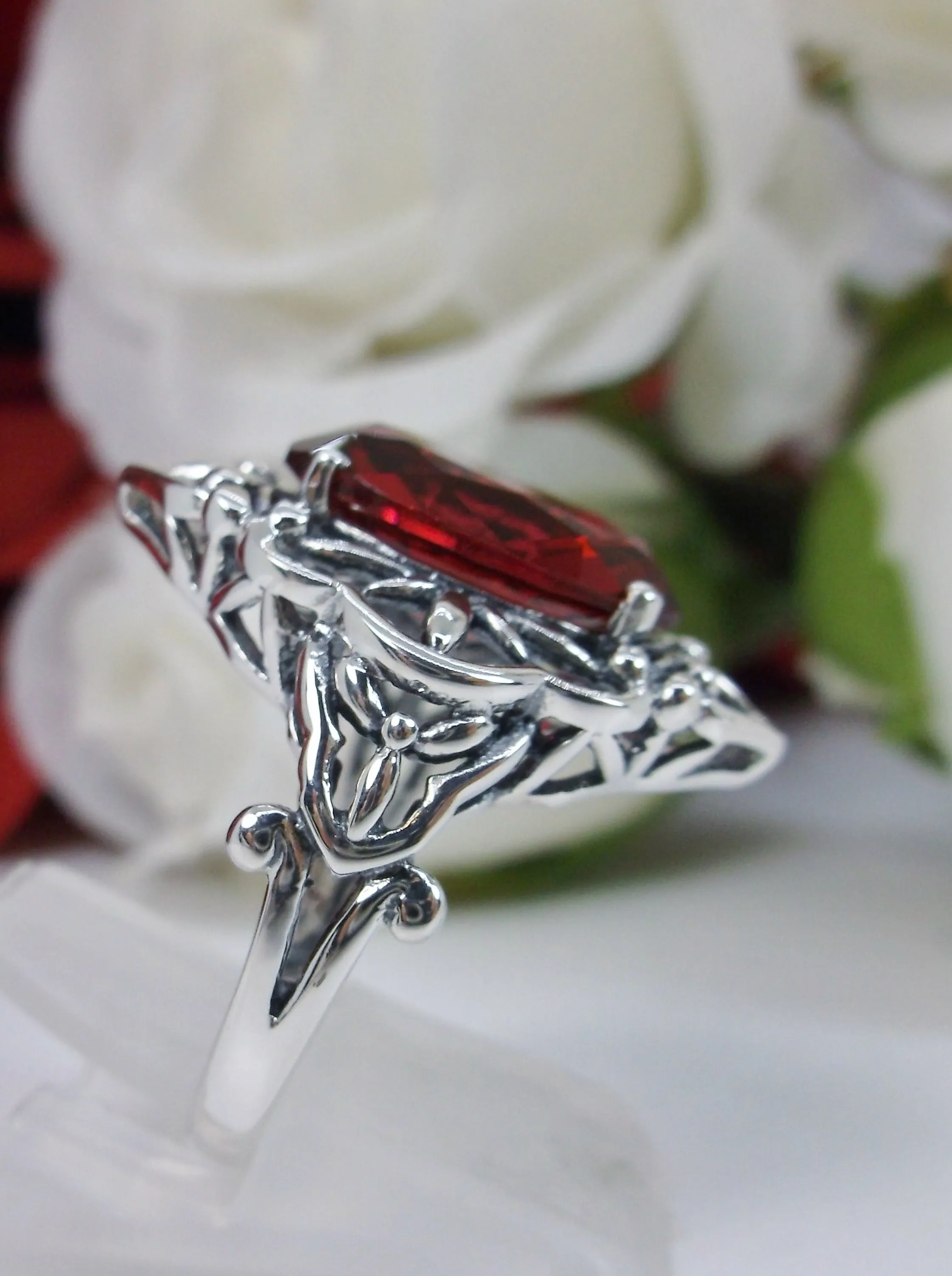 Red Ruby Ring, Gothic Filigree Ring - Vintage Style Ring D98