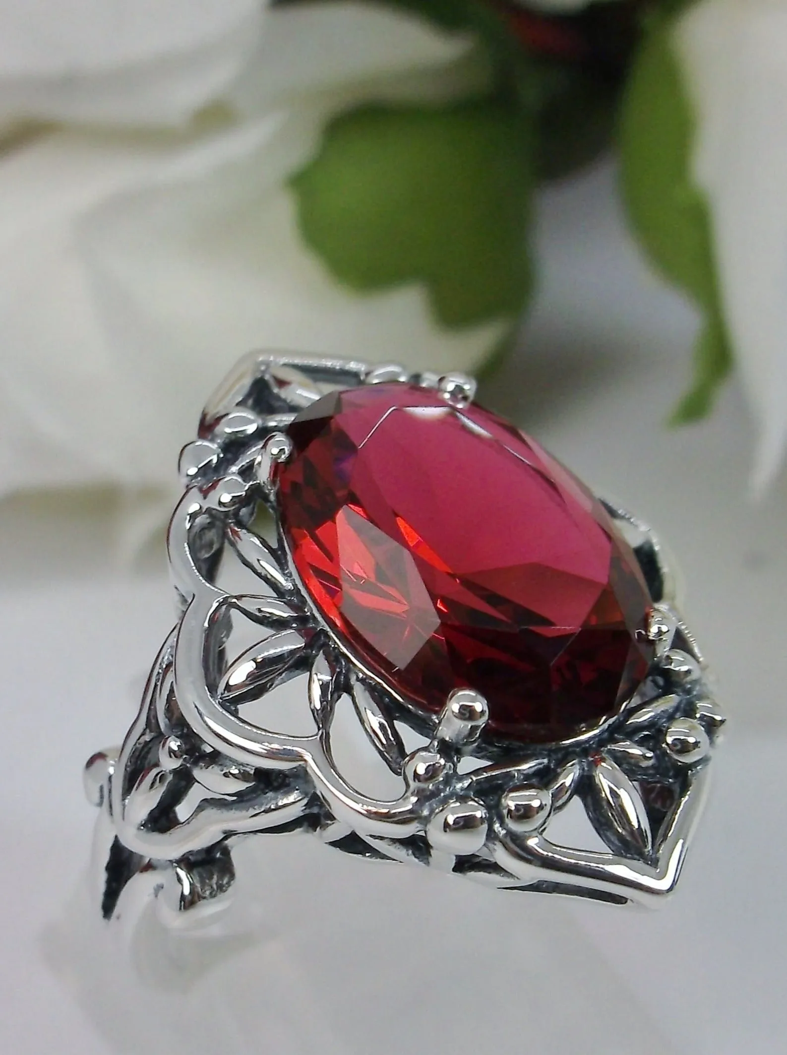 Red Ruby Ring, Gothic Filigree Ring - Vintage Style Ring D98