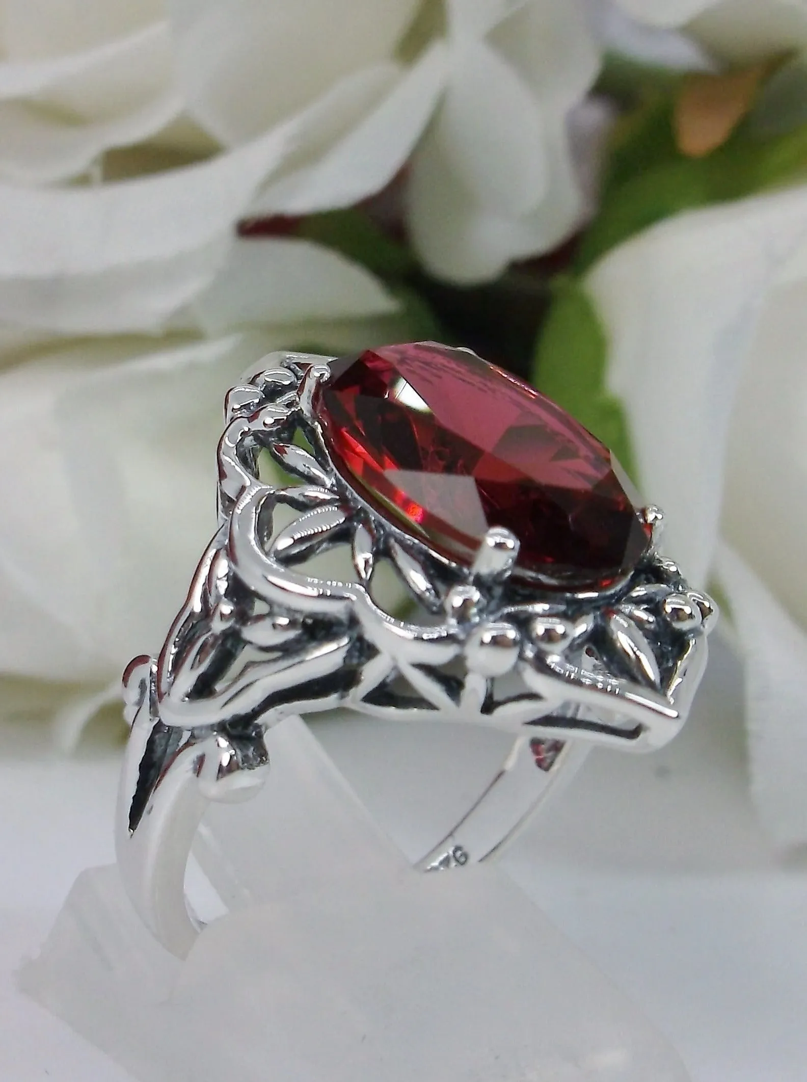 Red Ruby Ring, Gothic Filigree Ring - Vintage Style Ring D98