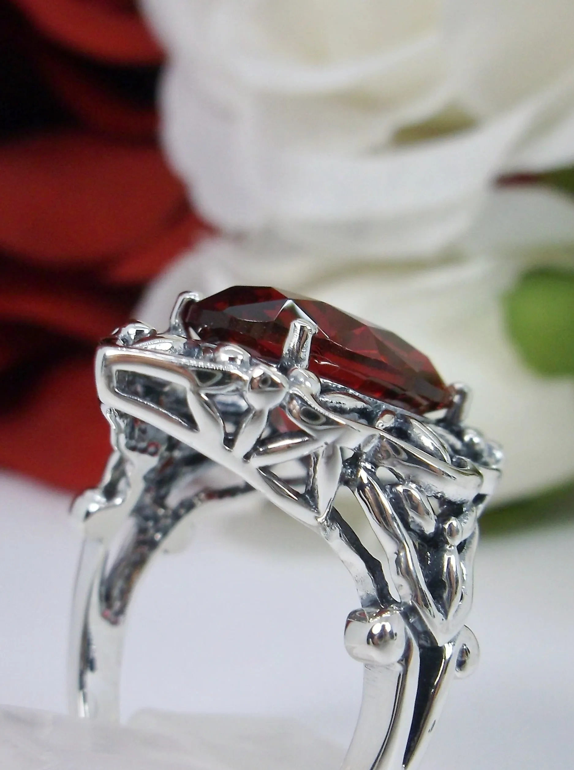 Red Ruby Ring, Gothic Filigree Ring - Vintage Style Ring D98