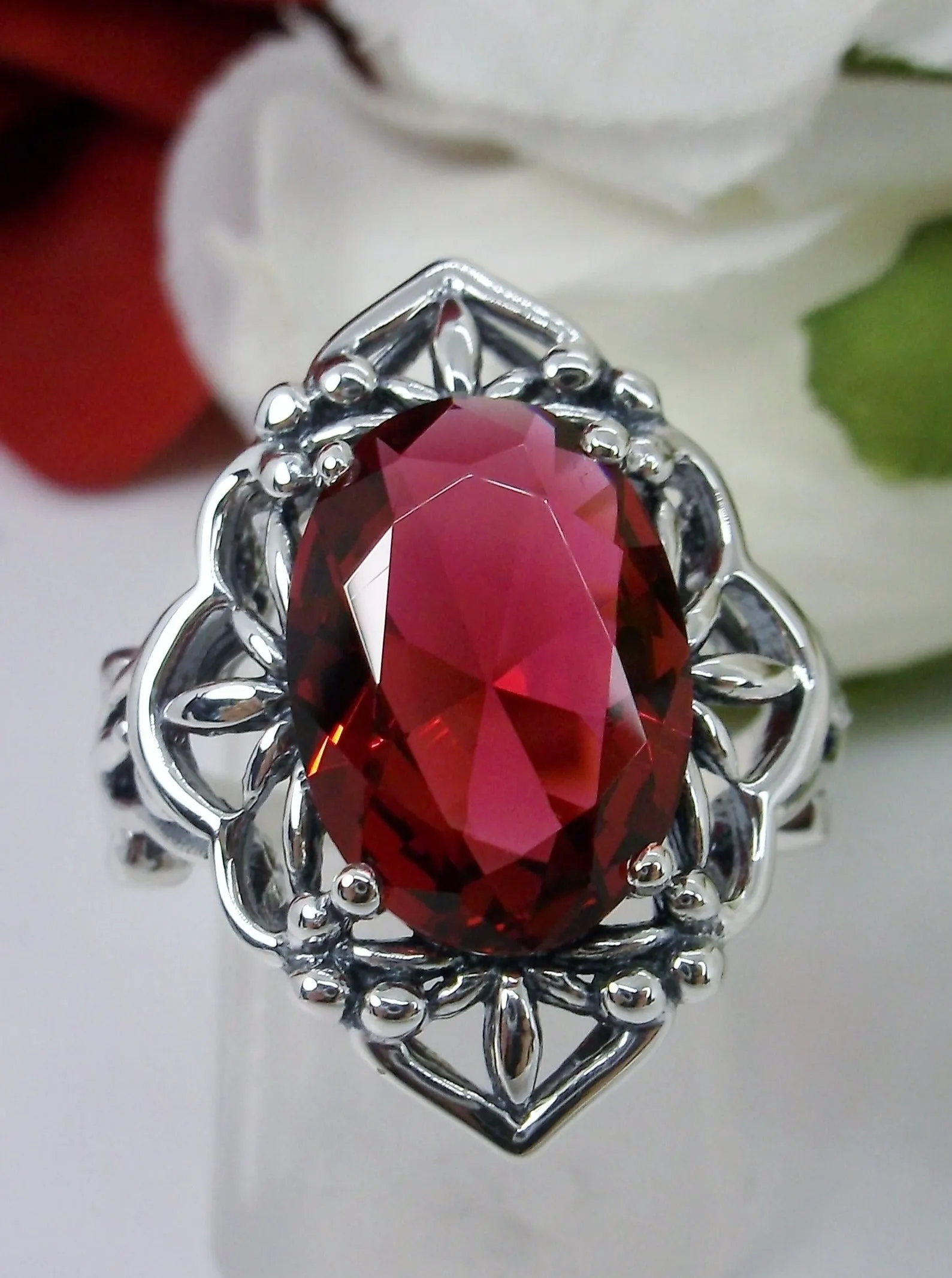 Red Ruby Ring, Gothic Filigree Ring - Vintage Style Ring D98
