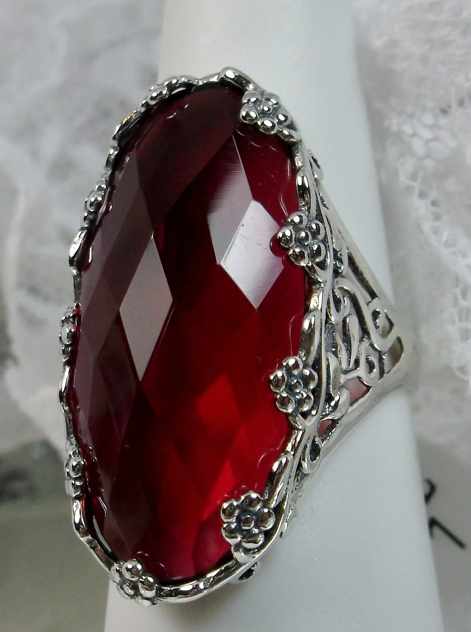 Red Ruby Ring, Large Oval gem, Vintage Reproduction Jewelry, Rosey Design #D97
