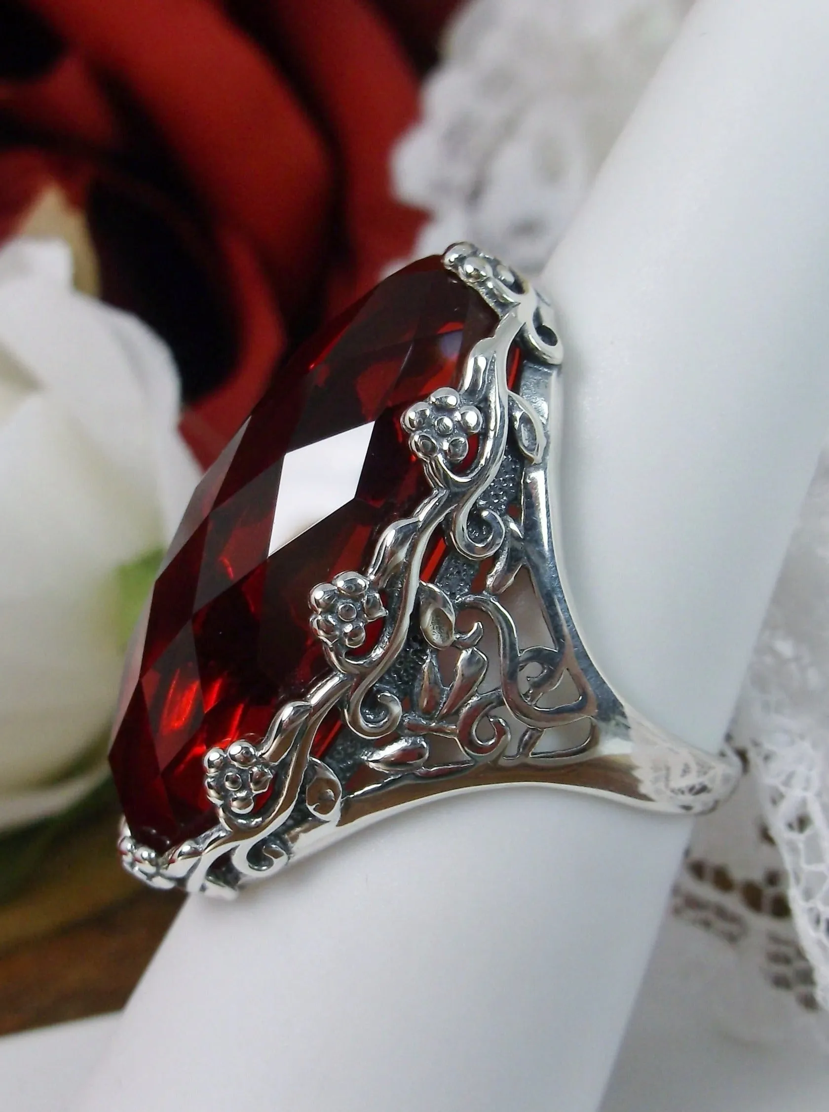 Red Ruby Ring, Large Oval gem, Vintage Reproduction Jewelry, Rosey Design #D97