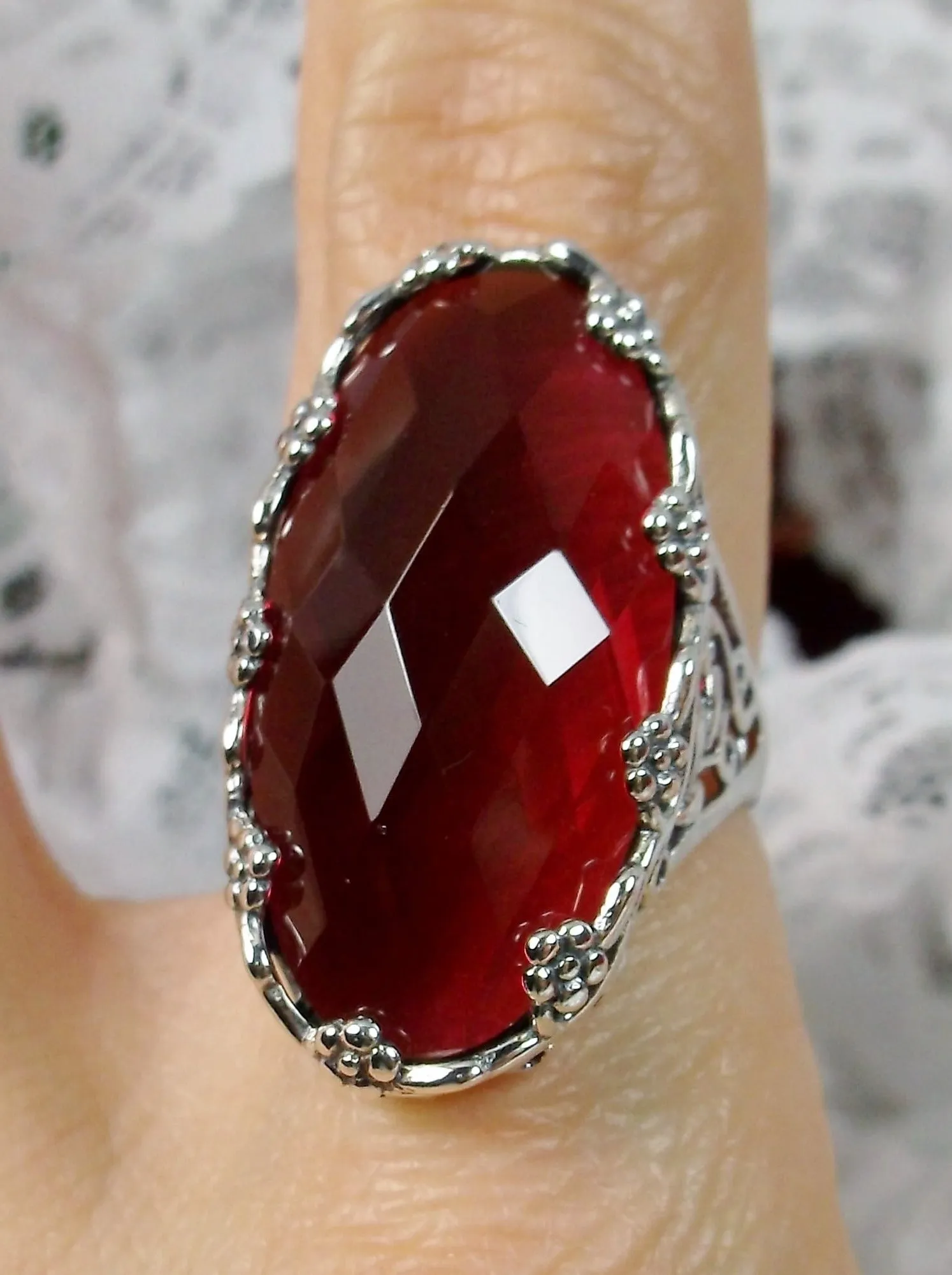 Red Ruby Ring, Large Oval gem, Vintage Reproduction Jewelry, Rosey Design #D97