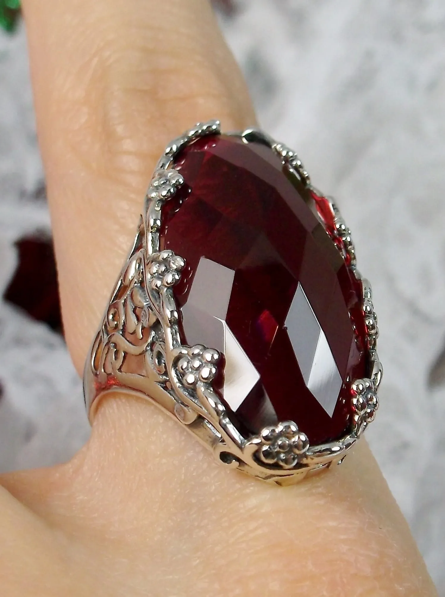 Red Ruby Ring, Large Oval gem, Vintage Reproduction Jewelry, Rosey Design #D97