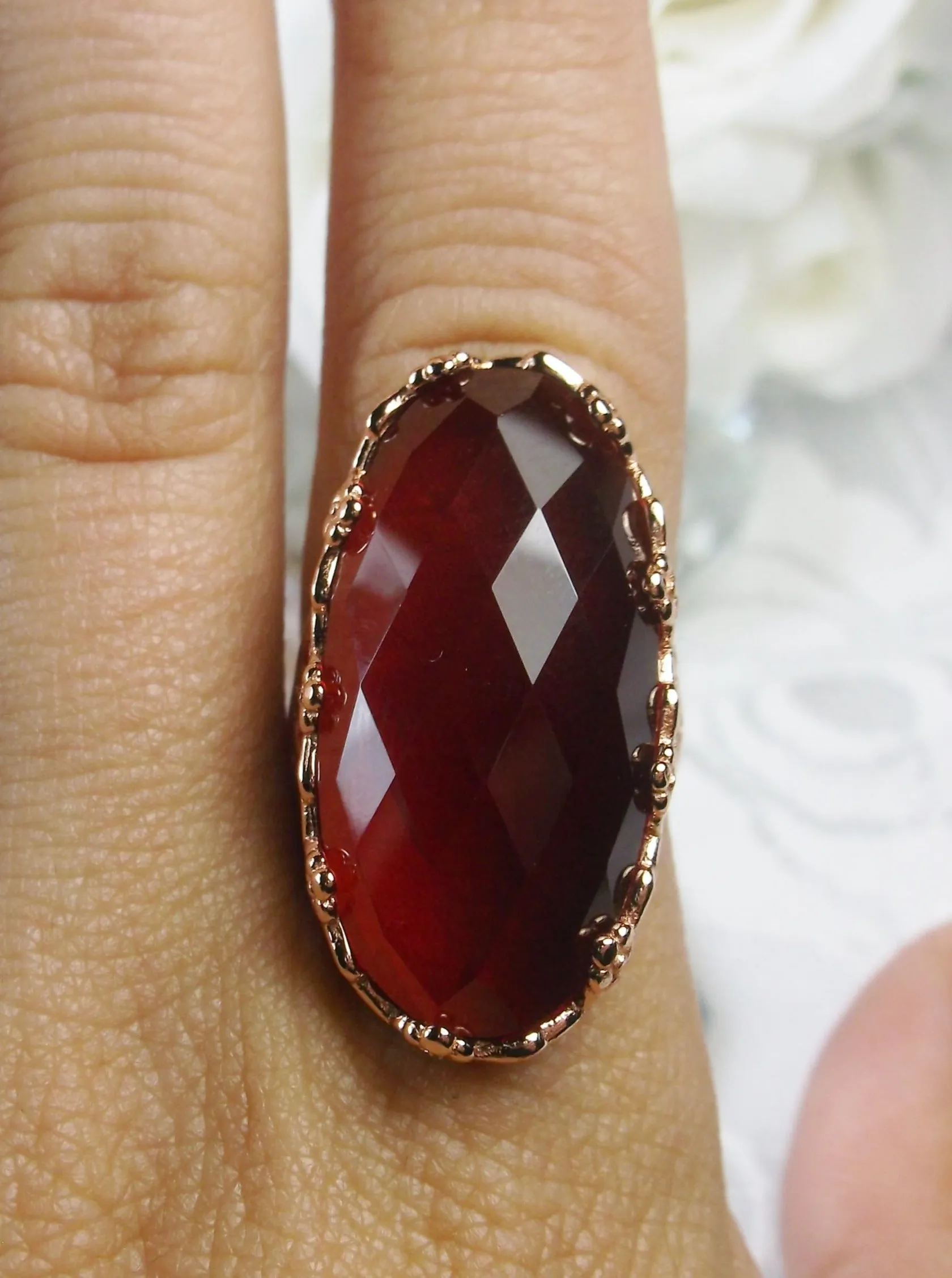 Red Ruby Ring, Rose Gold plated Sterling Silver, Large Oval gem, Vintage Jewelry #D97